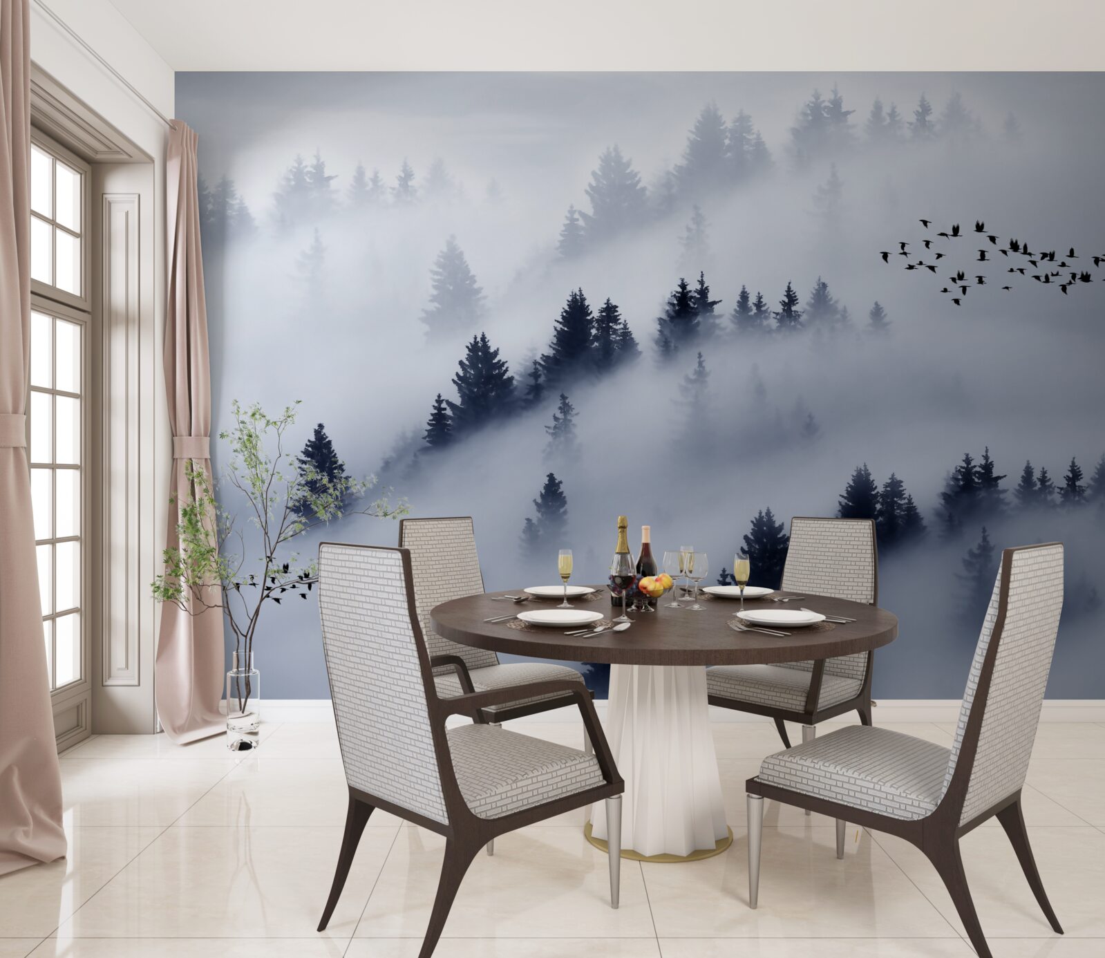 Fototapet pădurea de conifere este învăluită într-o ceață densă