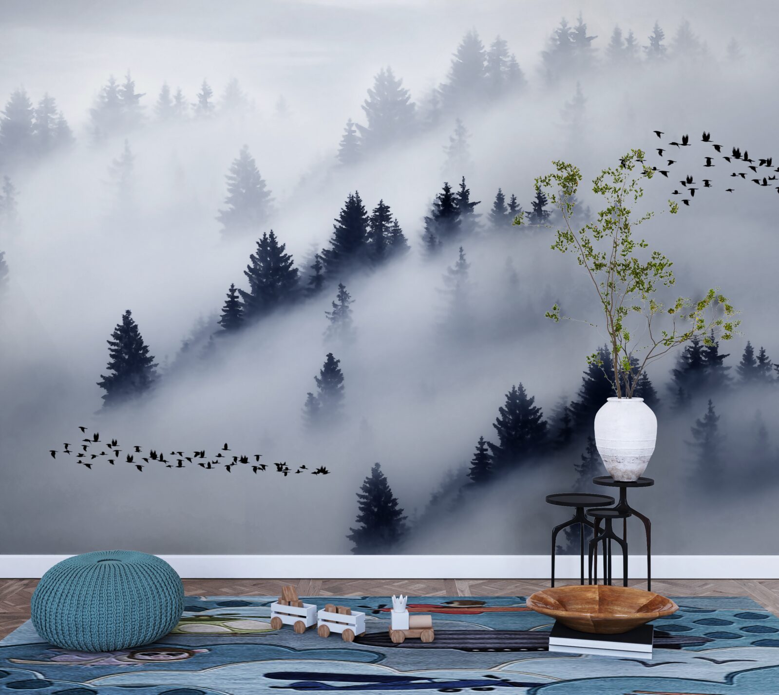 Fototapet pădurea de conifere este învăluită într-o ceață densă