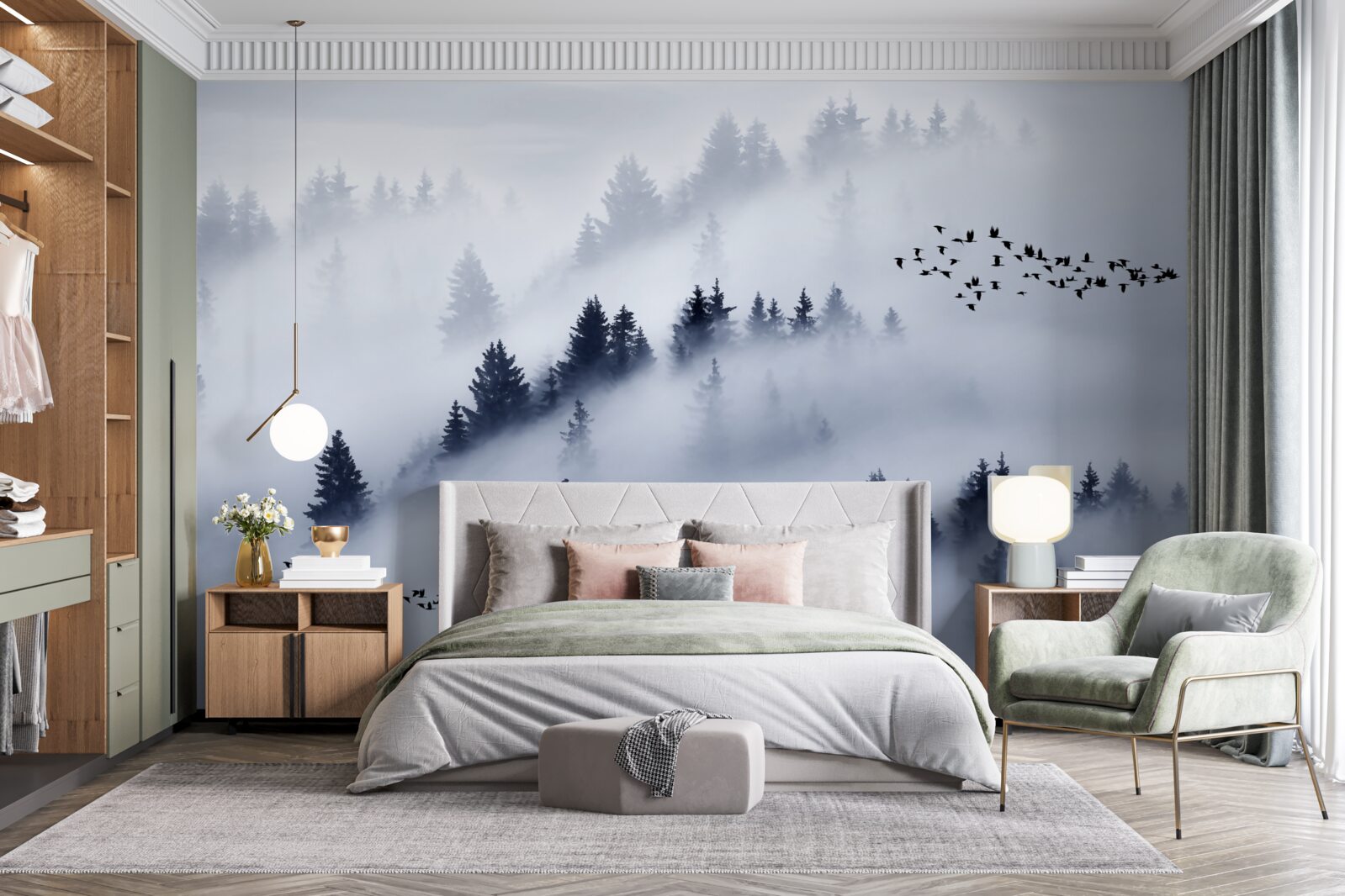 Fototapet pădurea de conifere este învăluită într-o ceață densă