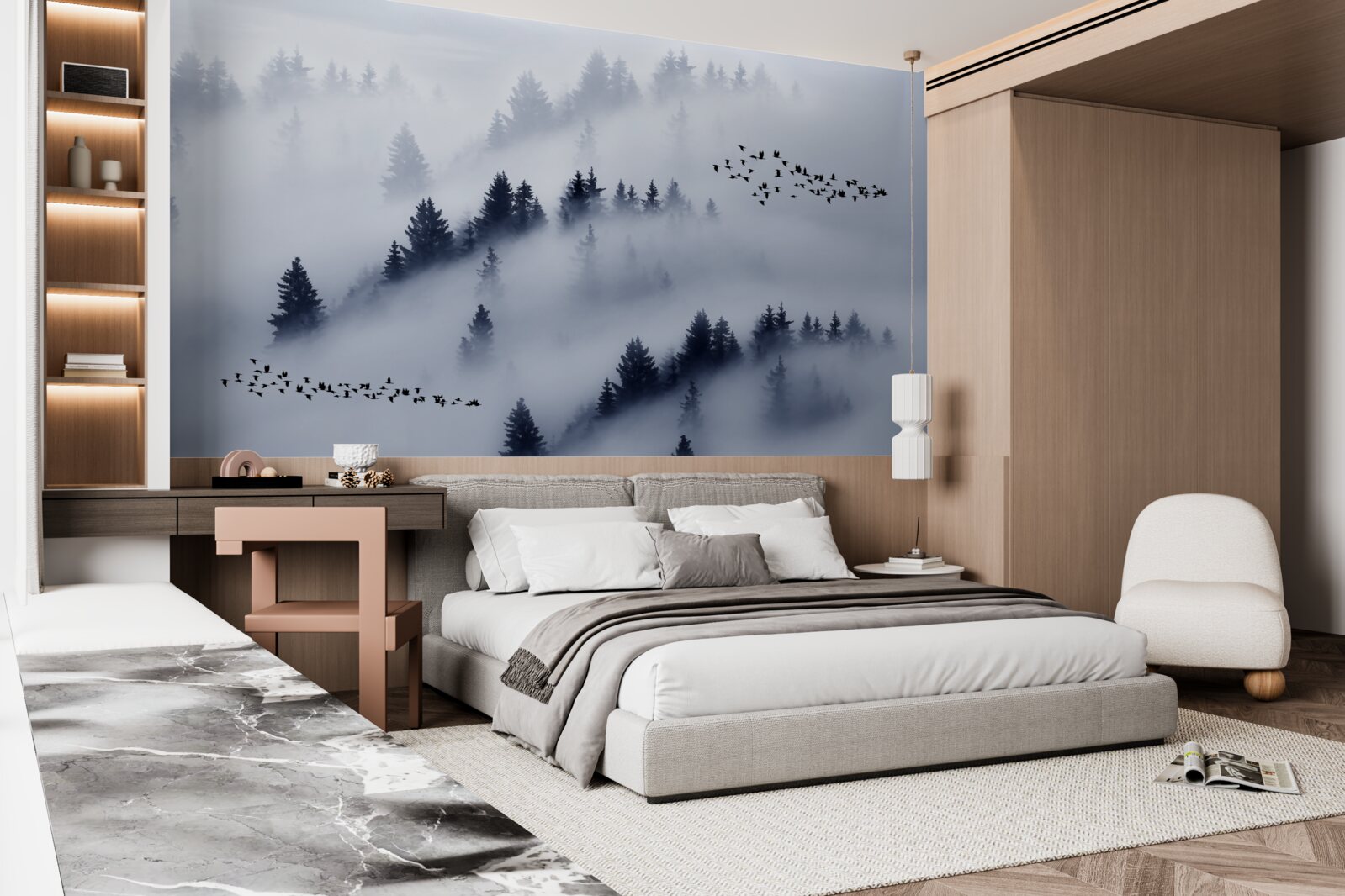 Fototapet pădurea de conifere este învăluită într-o ceață densă