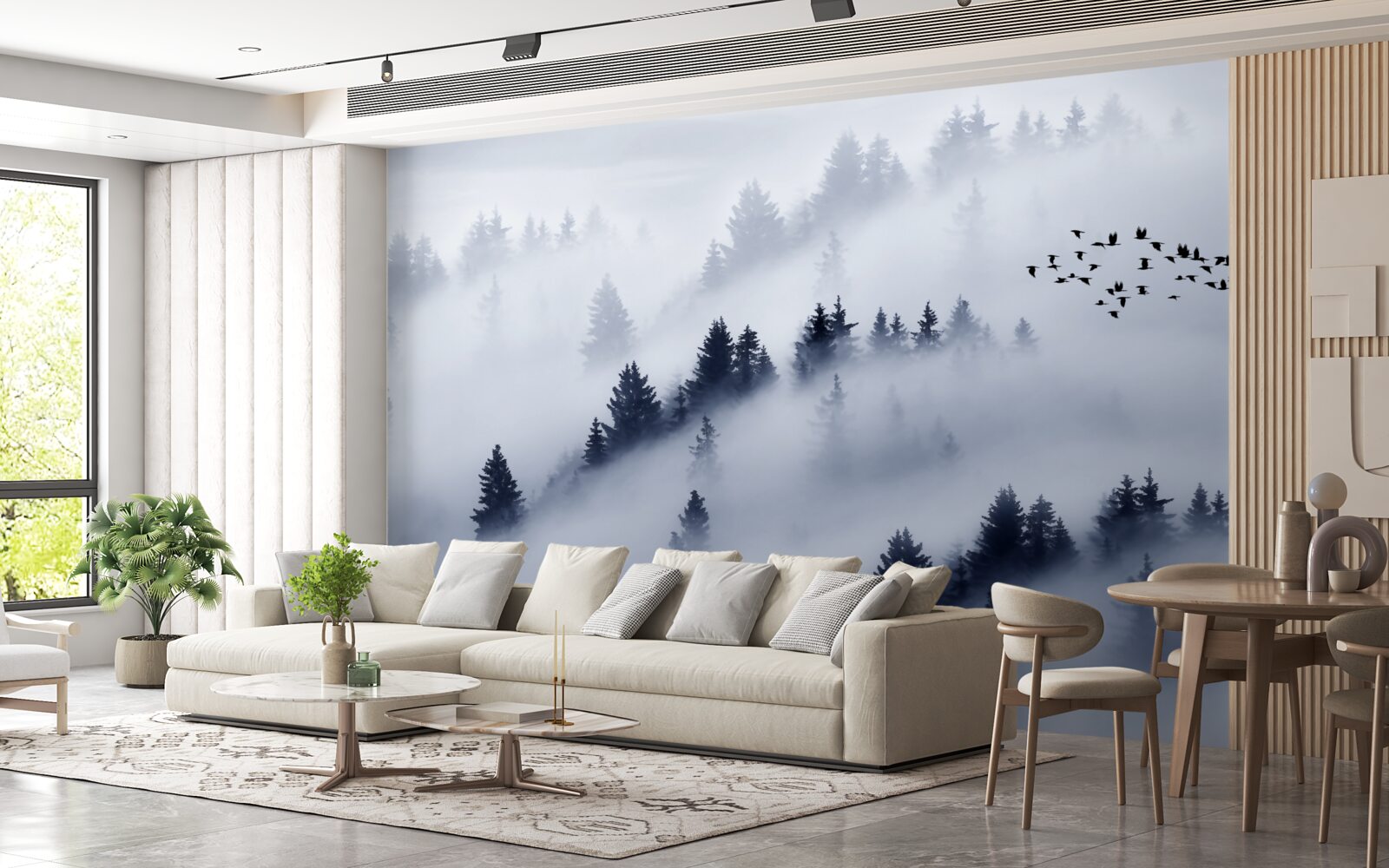 Fototapet pădurea de conifere este învăluită într-o ceață densă