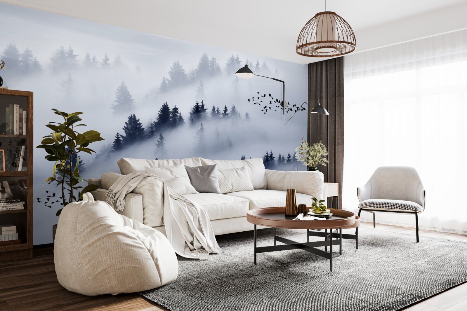 Fototapet pădurea de conifere este învăluită într-o ceață densă