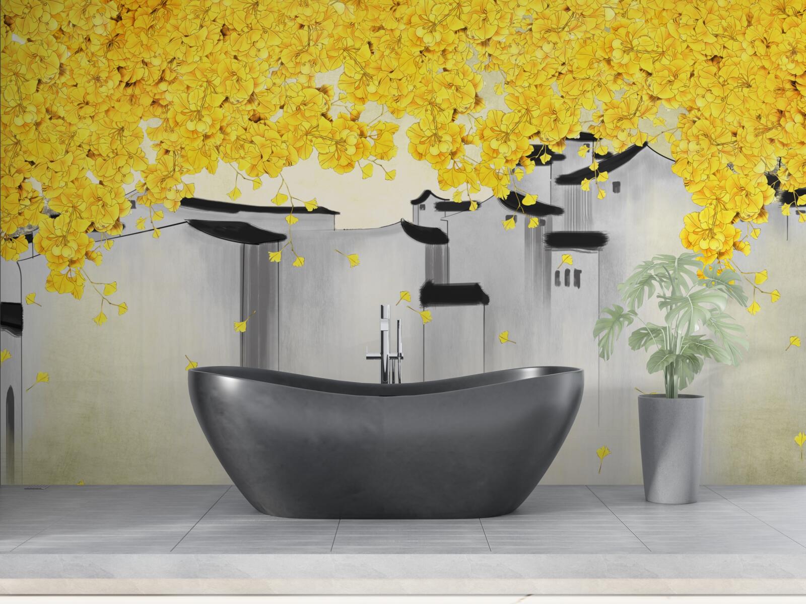 Fototapet plante luxuriante se ridică deasupra acoperișurilor clădirilor