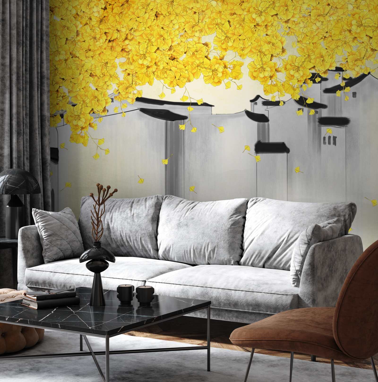 Fototapet plante luxuriante se ridică deasupra acoperișurilor clădirilor