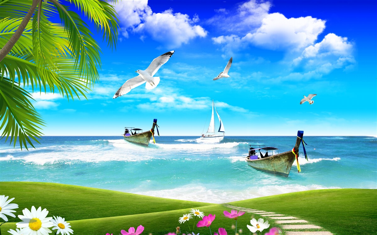 Fototapet nave pe coasta verde