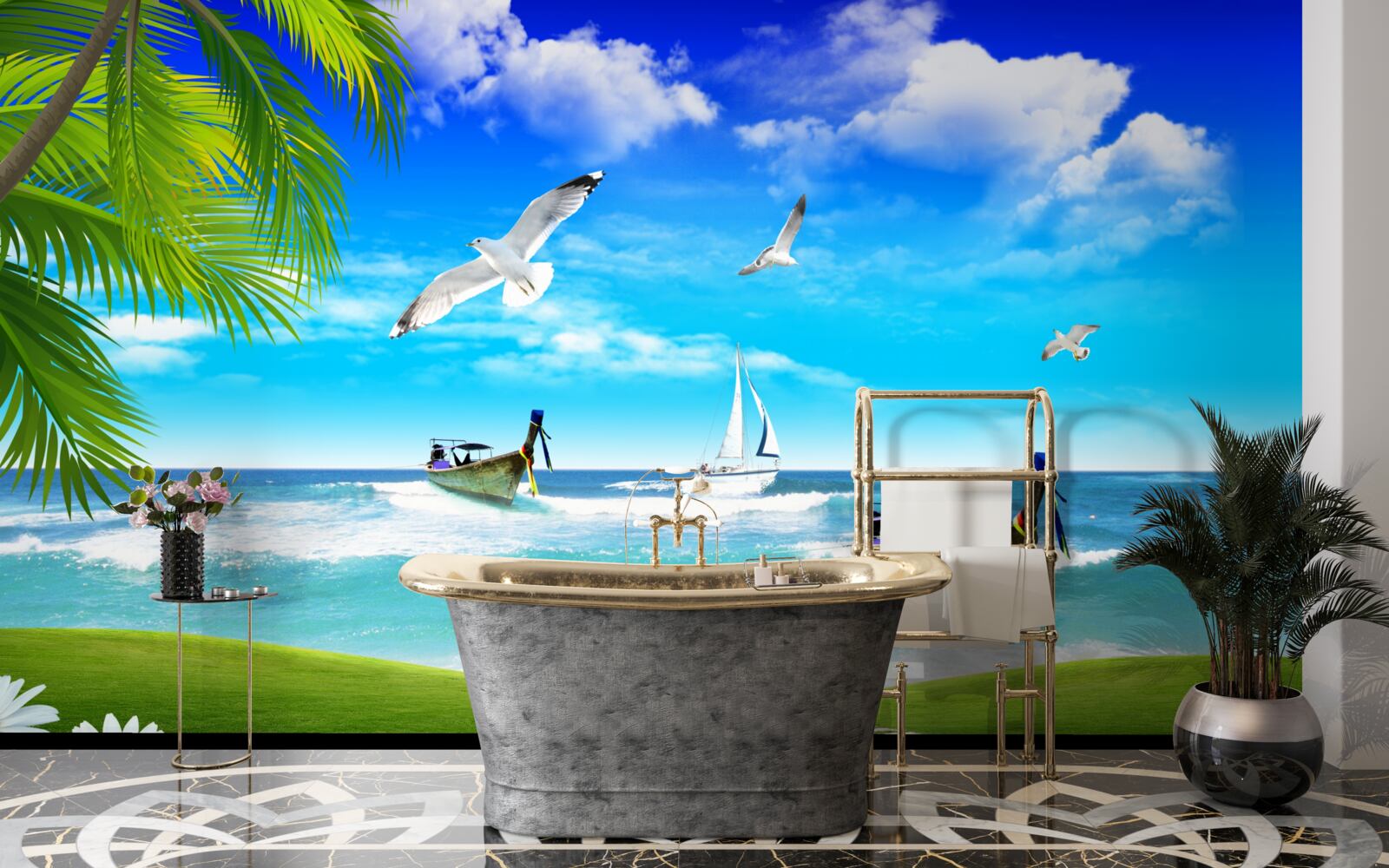 Fototapet nave pe coasta verde