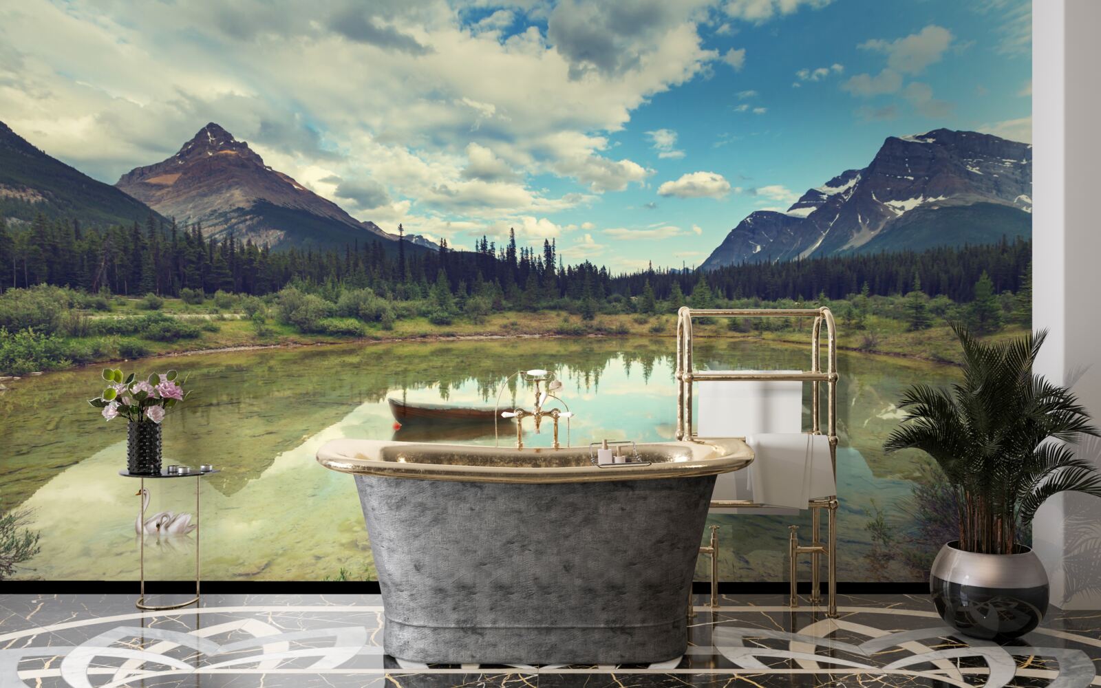 Fototapet rezervor înconjurat de munți cu vârfuri stâncoase