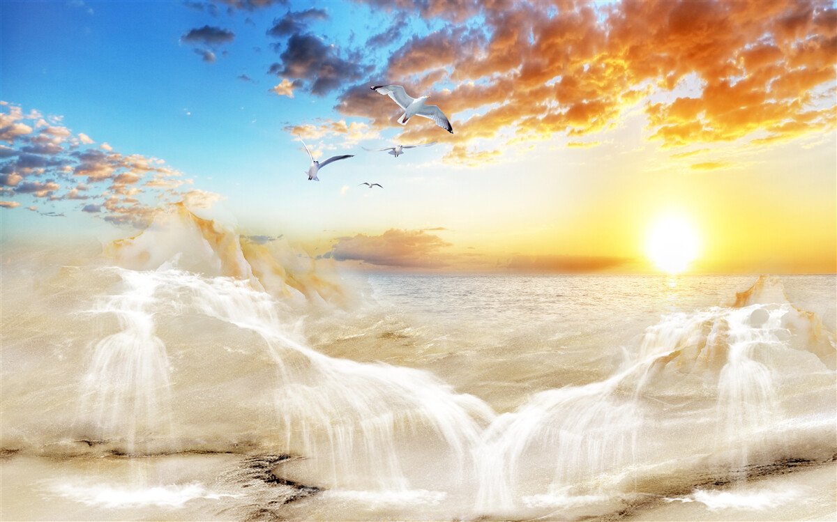 Fototapet apus de soare pe mare cu pescăruși