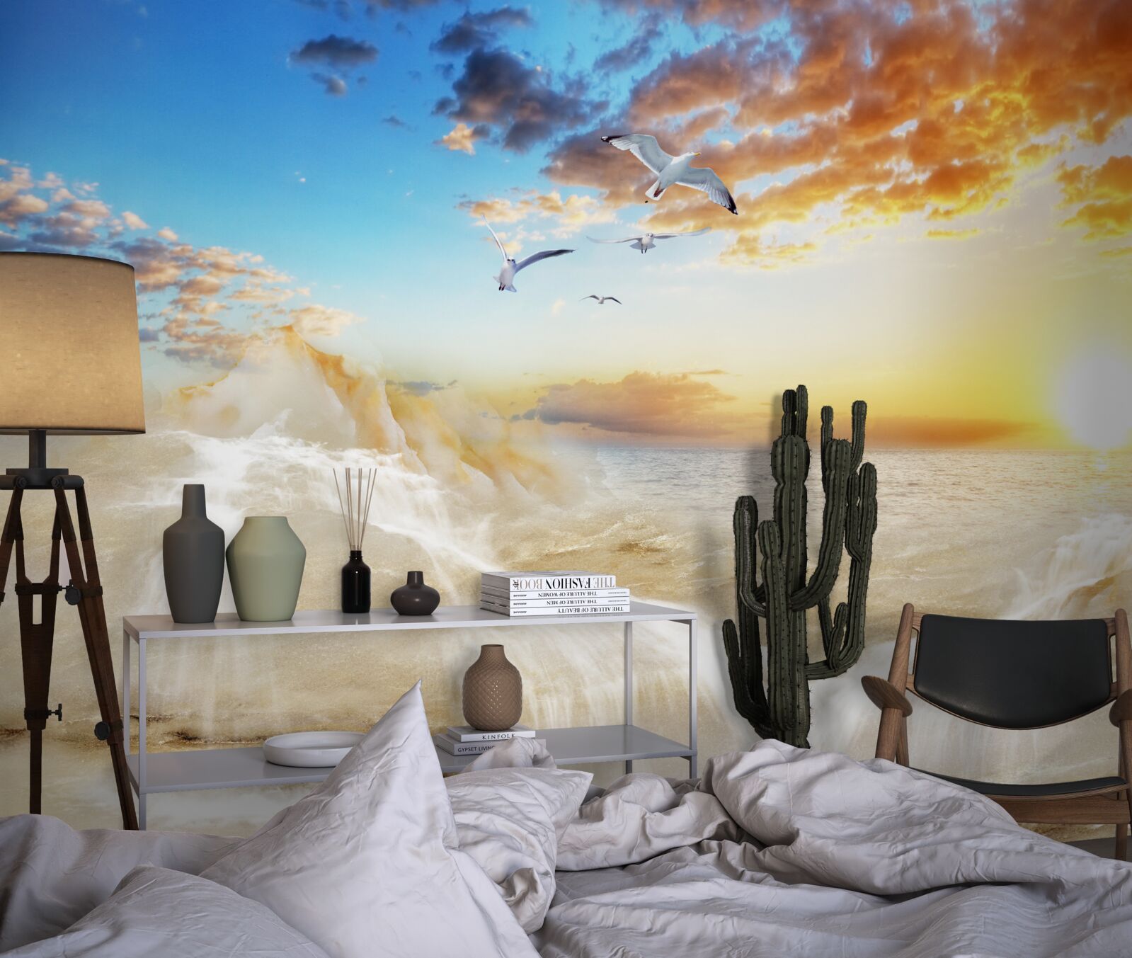 Fototapet apus de soare pe mare cu pescăruși