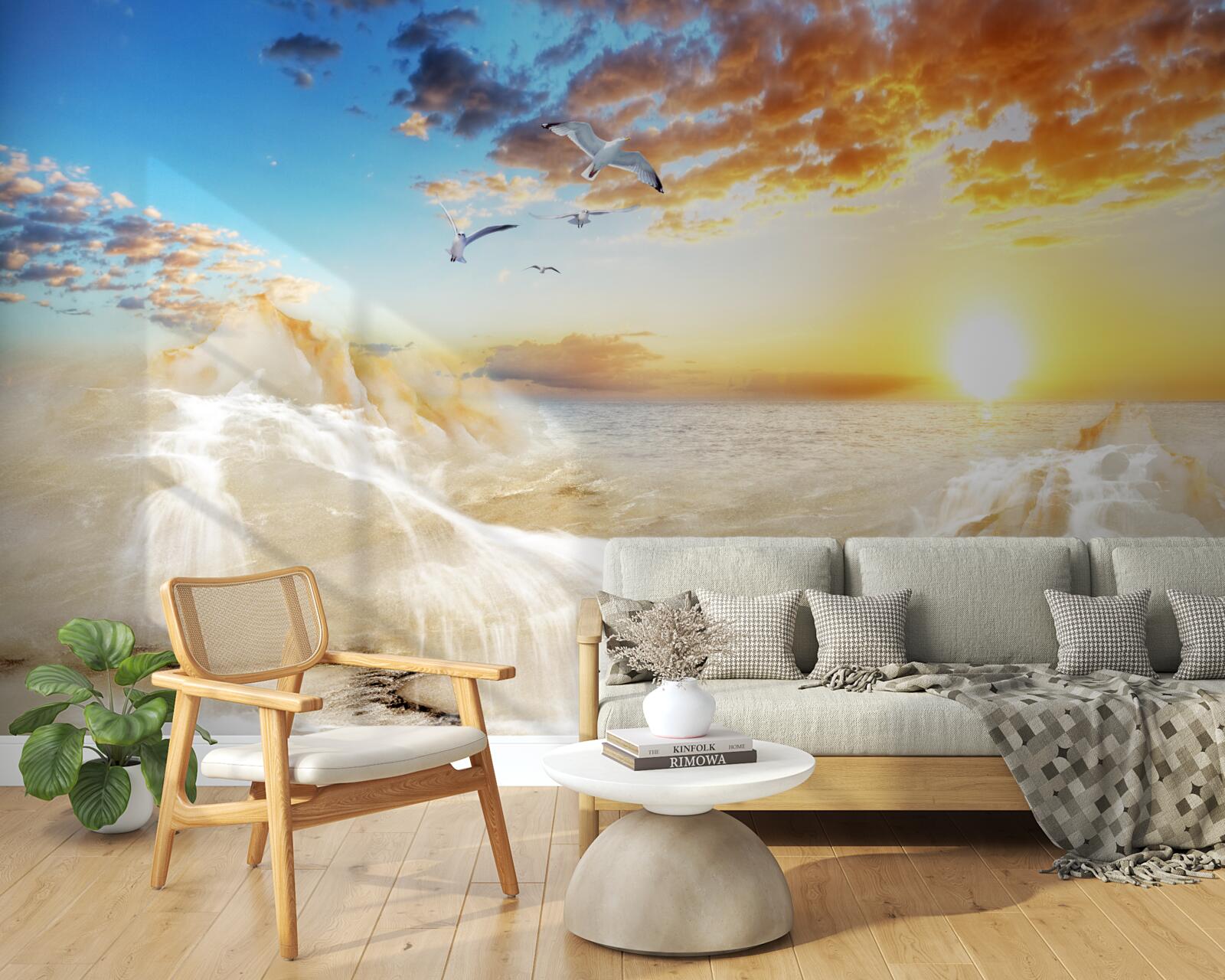 Fototapet apus de soare pe mare cu pescăruși