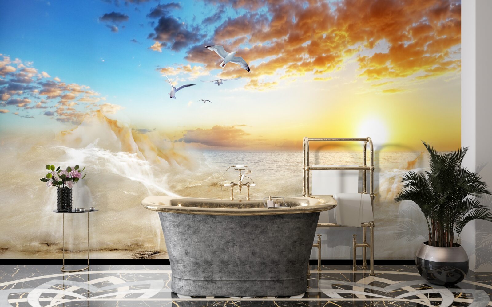 Fototapet apus de soare pe mare cu pescăruși