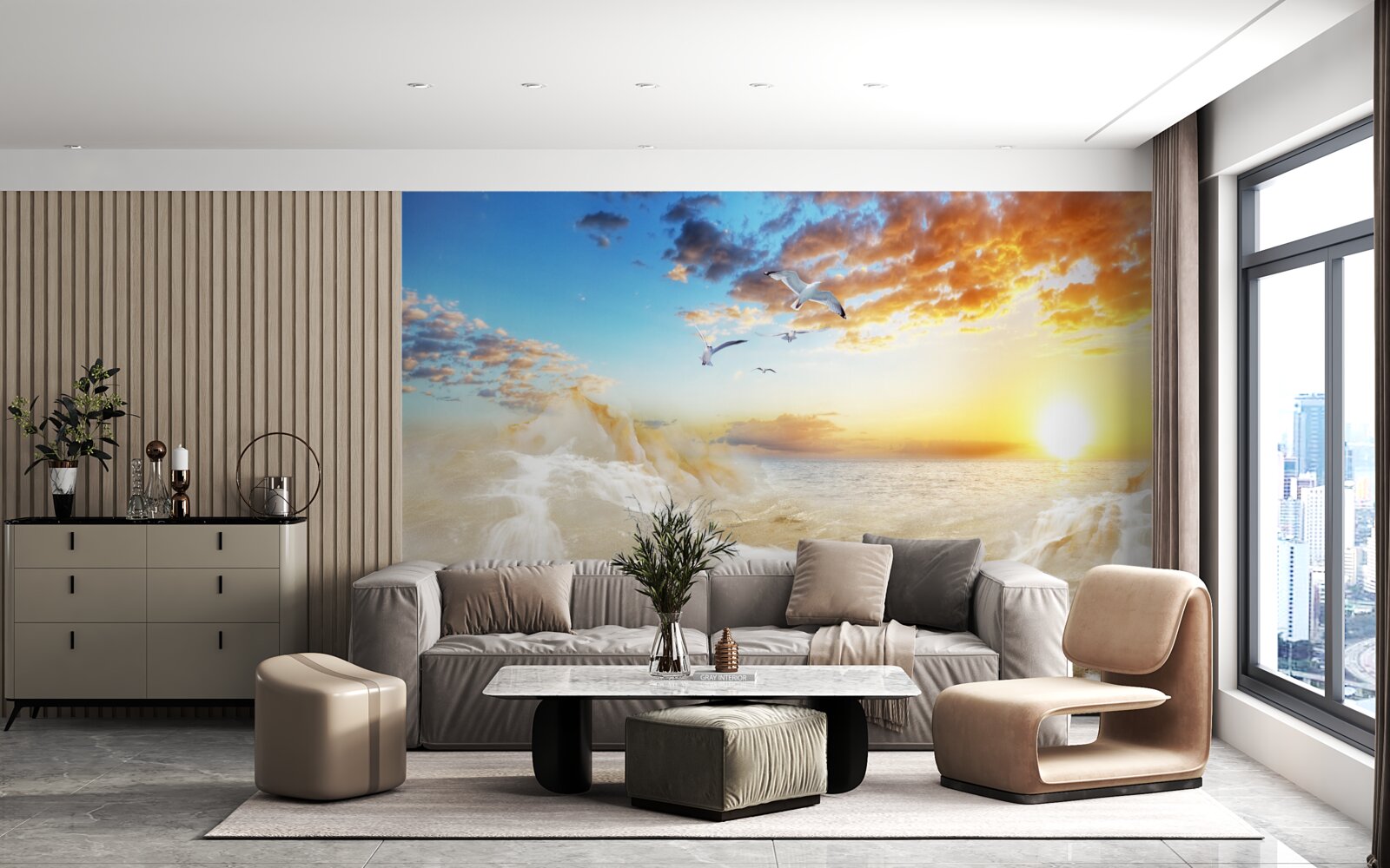 Fototapet apus de soare pe mare cu pescăruși