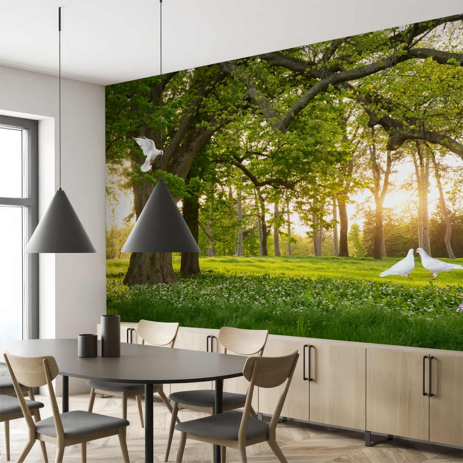 Fototapet porumbeii își strălucesc albul în zori într-o pădure verde