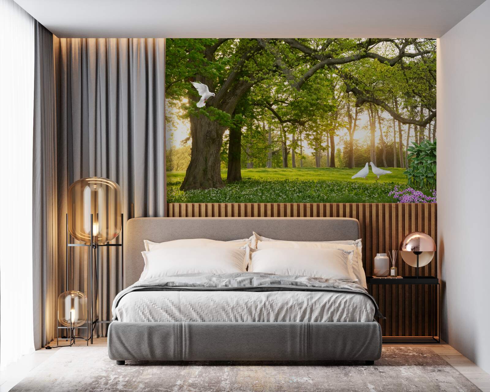 Fototapet porumbeii își strălucesc albul în zori într-o pădure verde