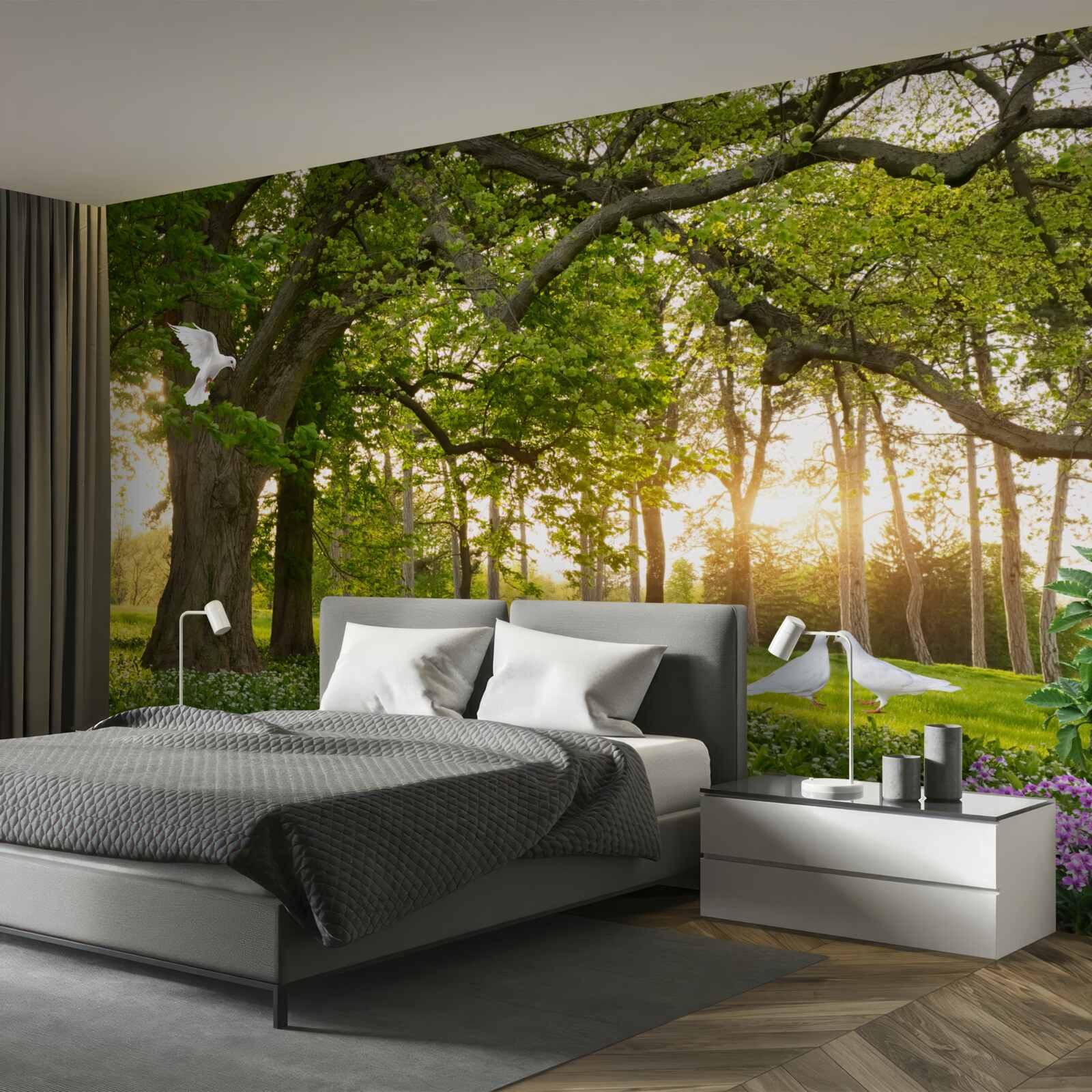 Fototapet porumbeii își strălucesc albul în zori într-o pădure verde