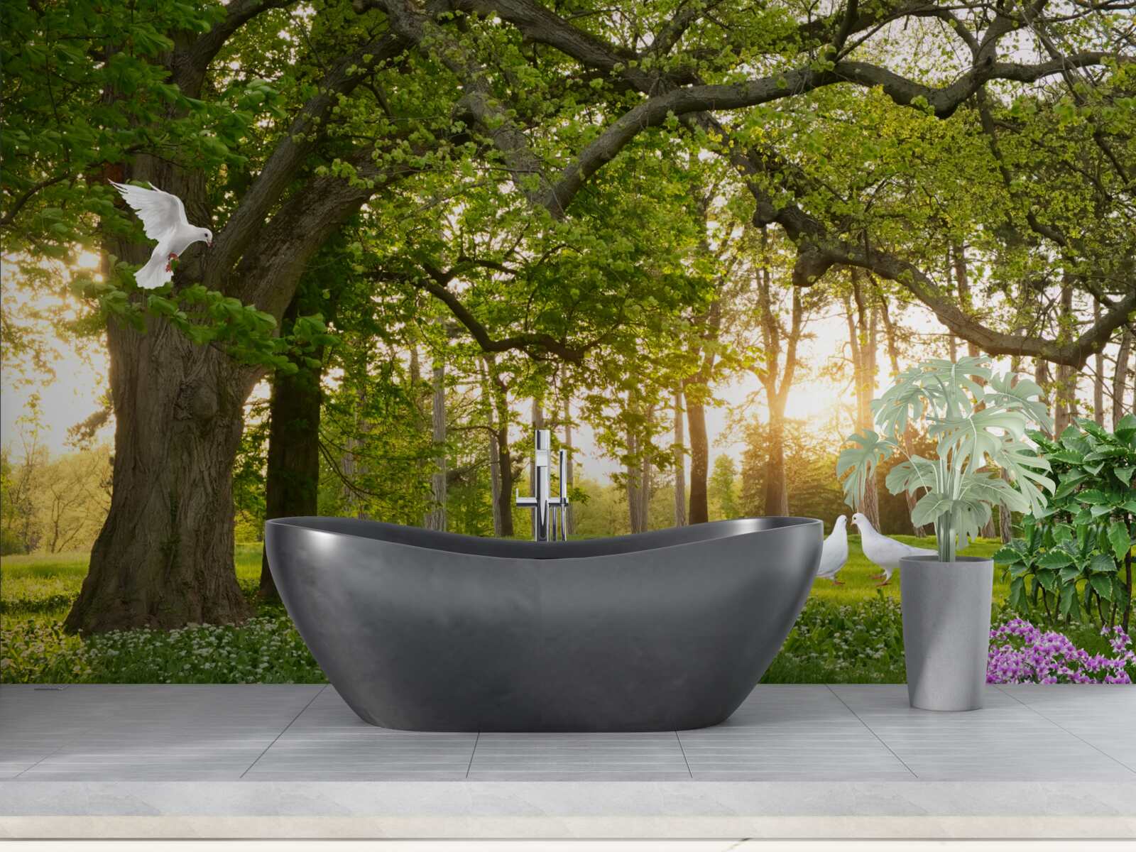 Fototapet porumbeii își strălucesc albul în zori într-o pădure verde