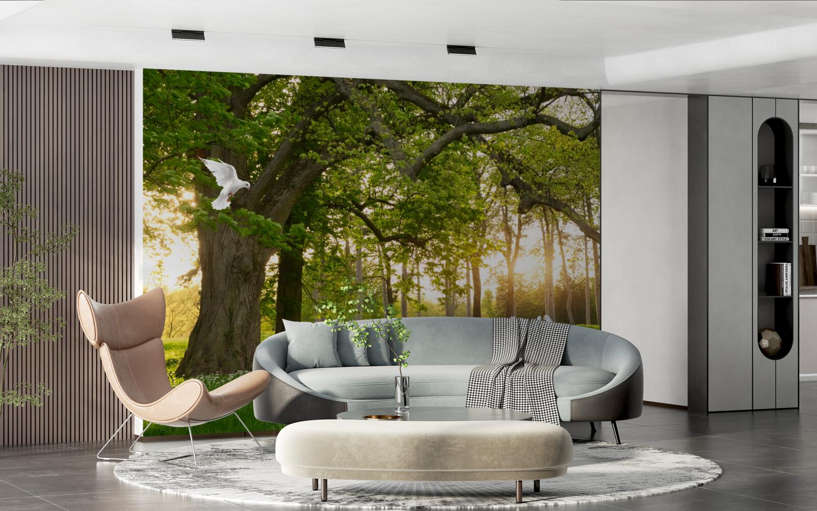 Fototapet porumbeii își strălucesc albul în zori într-o pădure verde