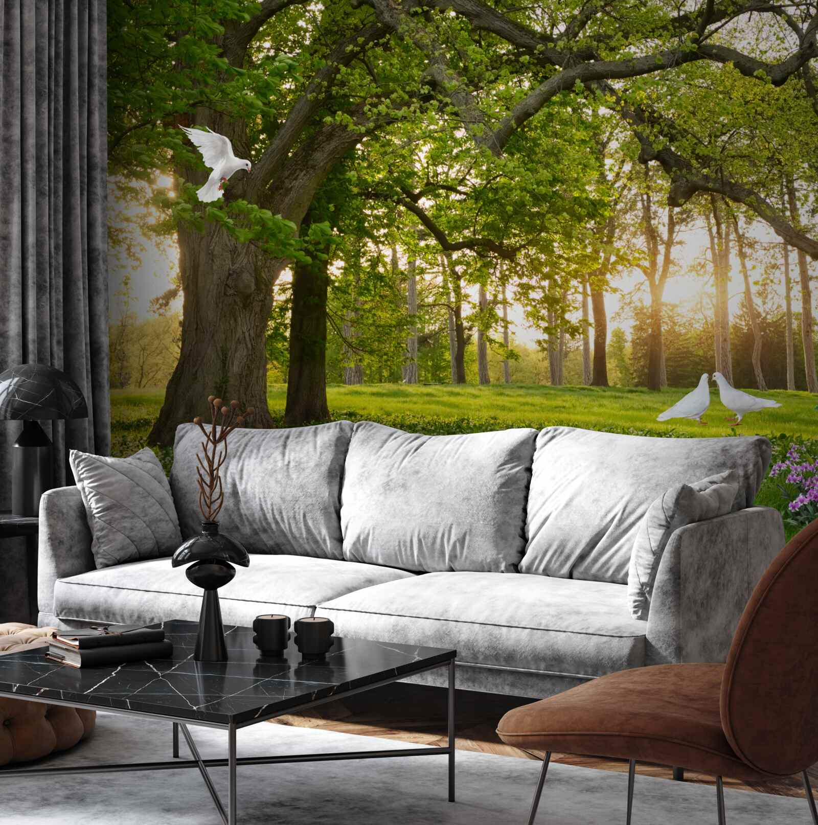 Fototapet porumbeii își strălucesc albul în zori într-o pădure verde