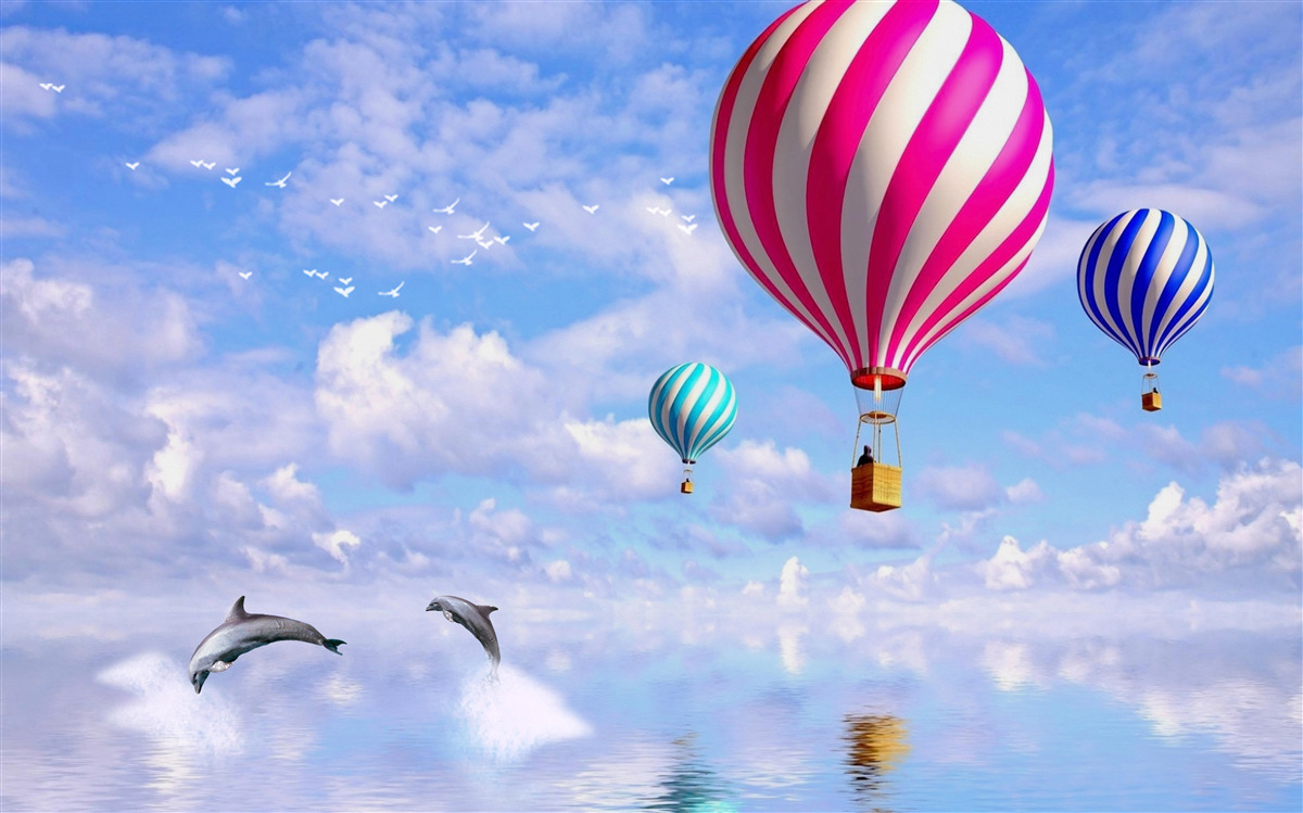 Fototapet plimbări cu balonul cu aer deasupra mării cu delfini