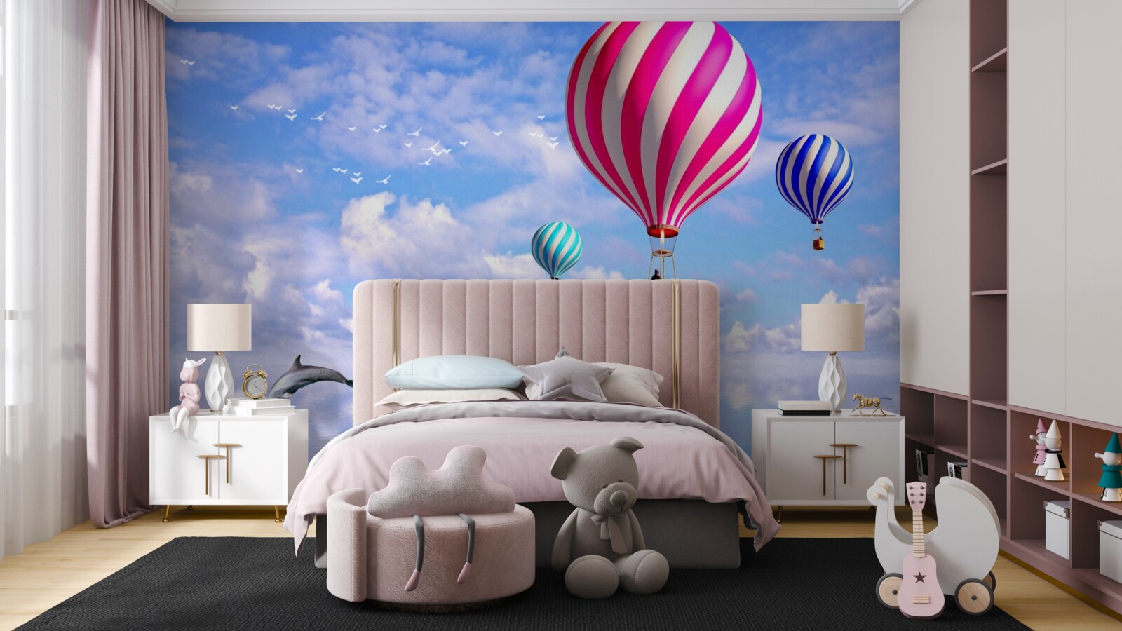 Fototapet plimbări cu balonul cu aer deasupra mării cu delfini