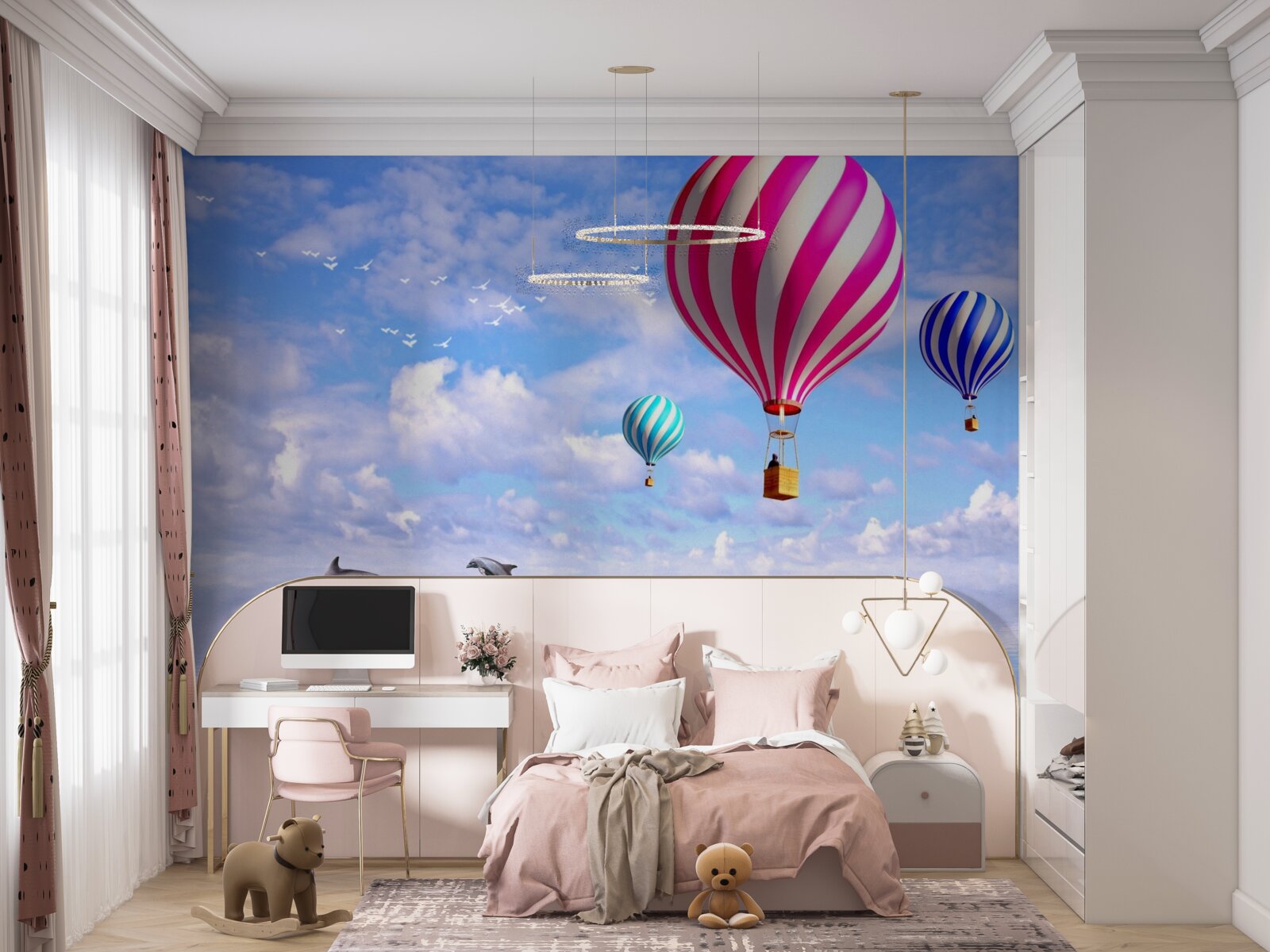 Fototapet plimbări cu balonul cu aer deasupra mării cu delfini