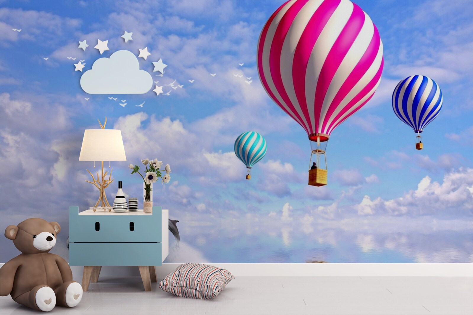 Fototapet plimbări cu balonul cu aer deasupra mării cu delfini