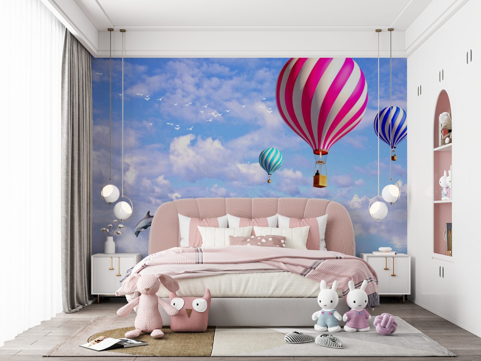 Fototapet plimbări cu balonul cu aer deasupra mării cu delfini