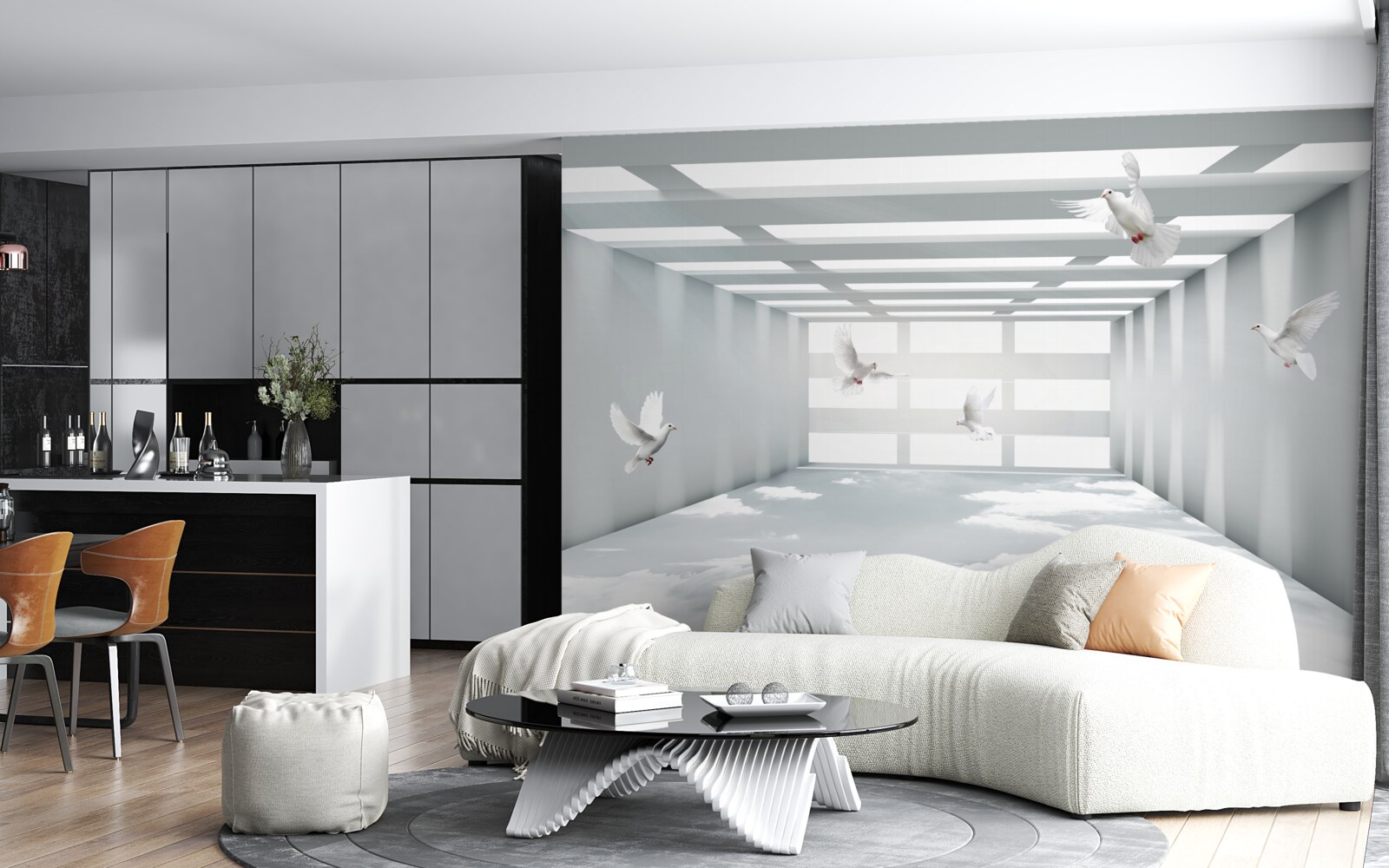 Fototapet un pasaj luminos în care fluturii plutesc în aer