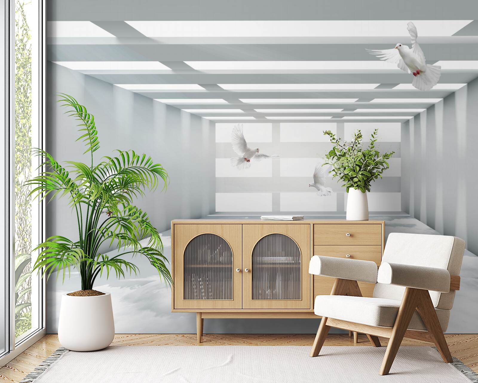 Fototapet un pasaj luminos în care fluturii plutesc în aer