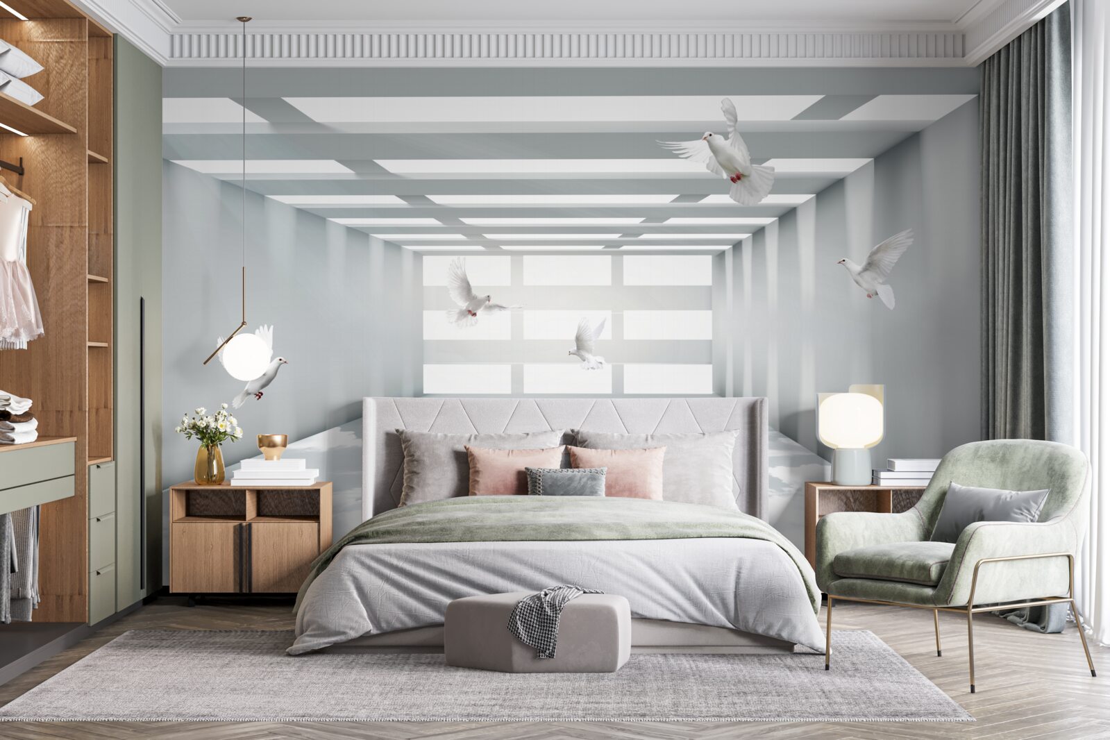 Fototapet un pasaj luminos în care fluturii plutesc în aer