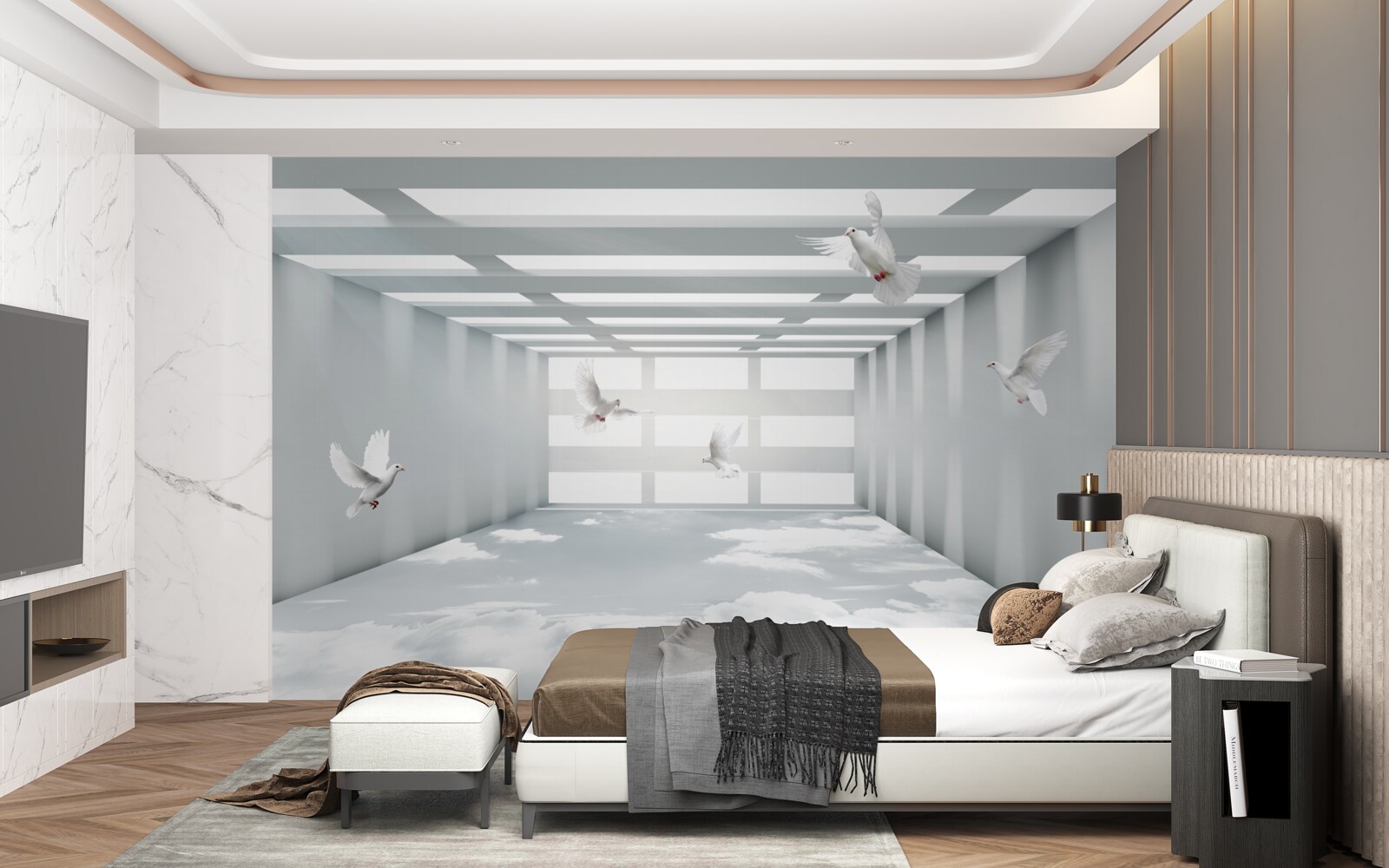 Fototapet un pasaj luminos în care fluturii plutesc în aer