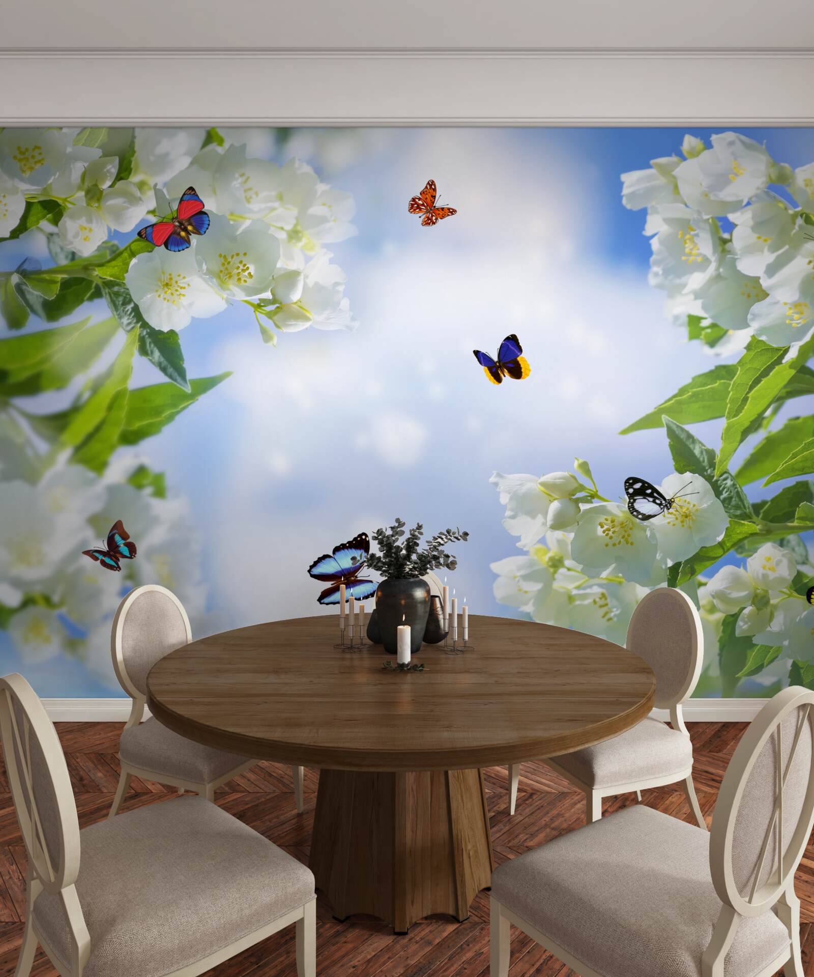 Fototapet fluturi multicolori și flori albe ca zăpada