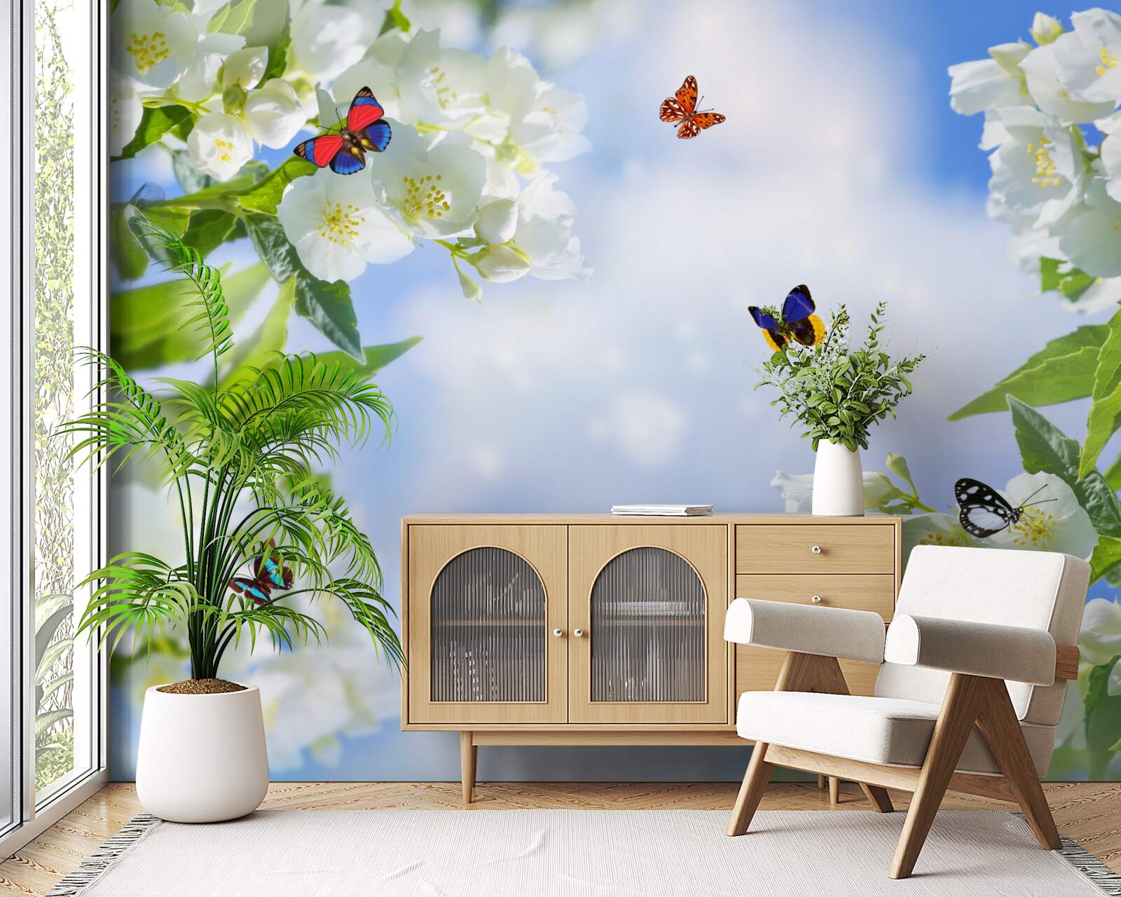 Fototapet fluturi multicolori și flori albe ca zăpada