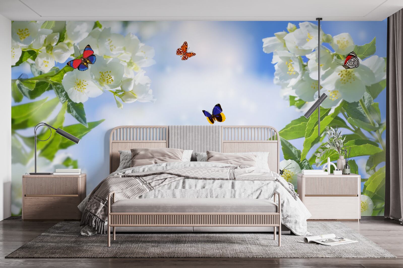 Fototapet fluturi multicolori și flori albe ca zăpada