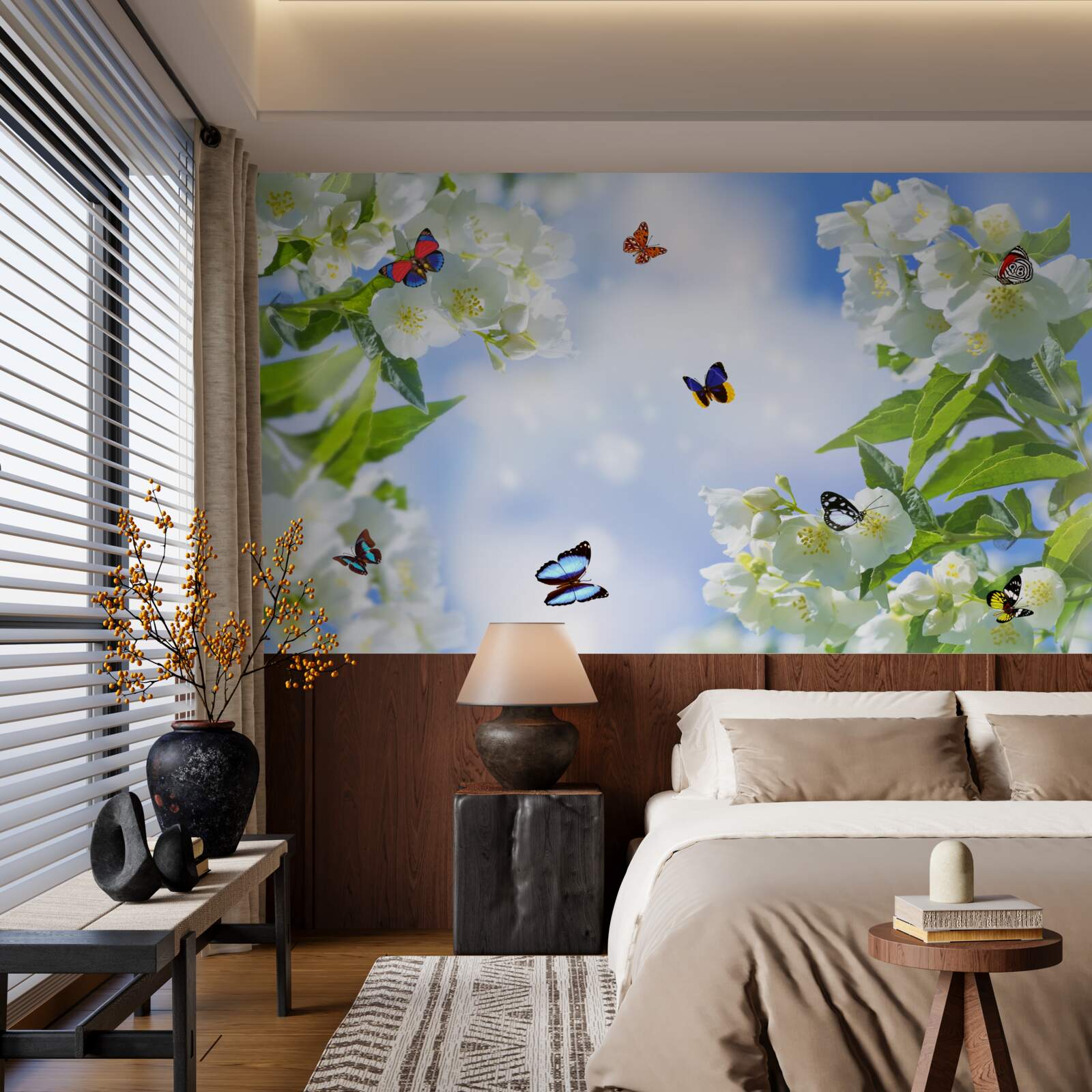 Fototapet fluturi multicolori și flori albe ca zăpada