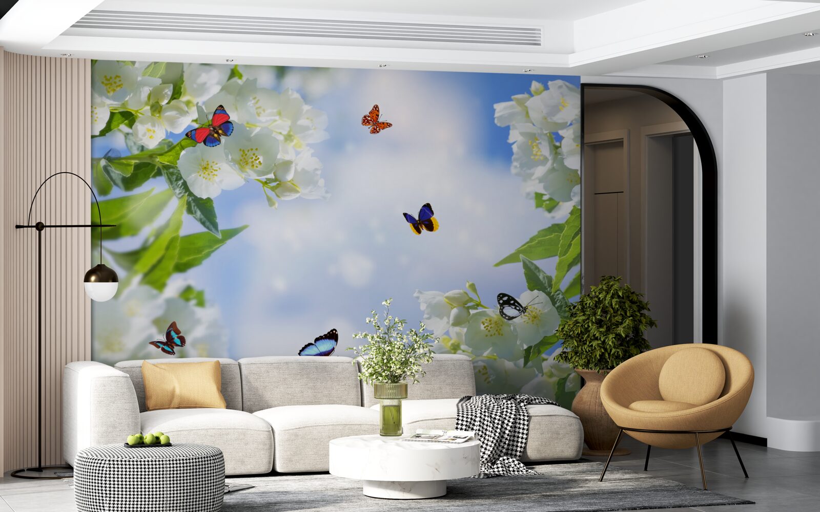 Fototapet fluturi multicolori și flori albe ca zăpada