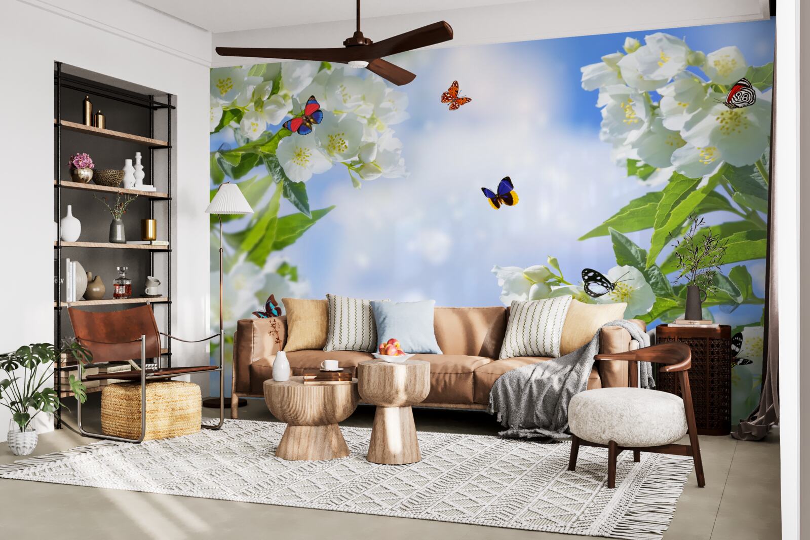 Fototapet fluturi multicolori și flori albe ca zăpada