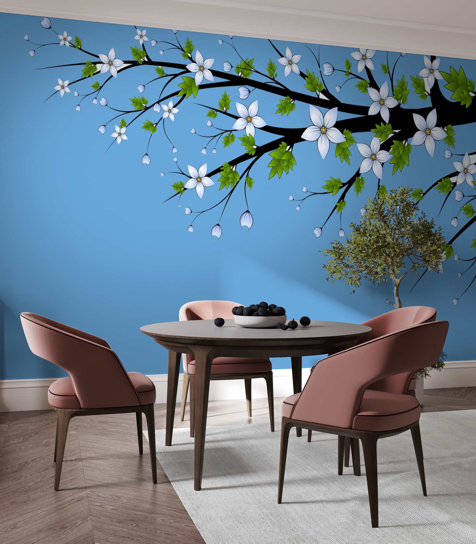 Fototapet o ramură pe care se deschid muguri albi