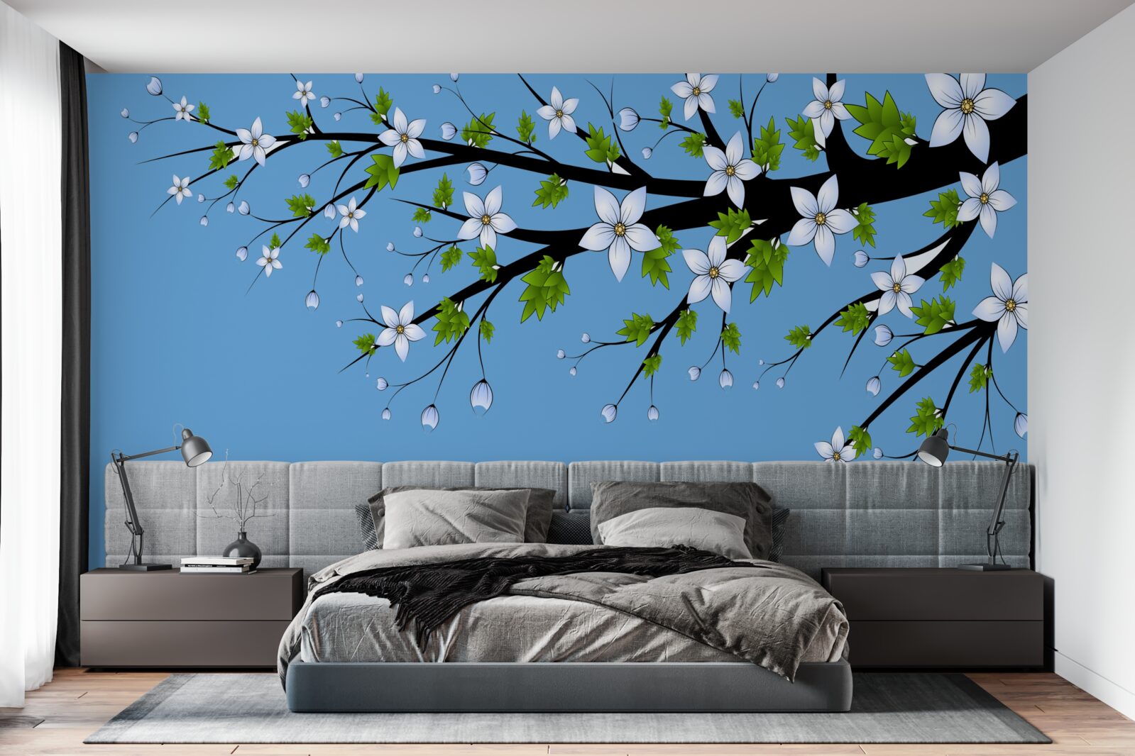 Fototapet o ramură pe care se deschid muguri albi