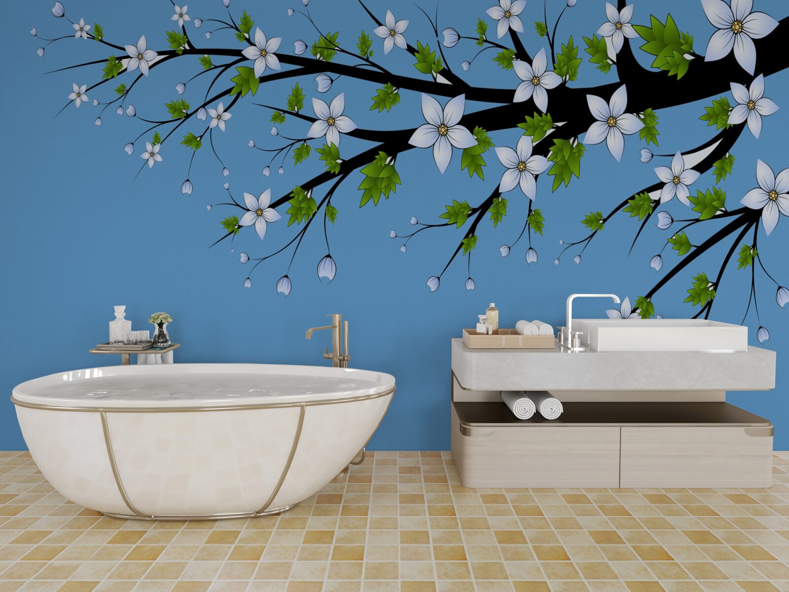 Fototapet o ramură pe care se deschid muguri albi