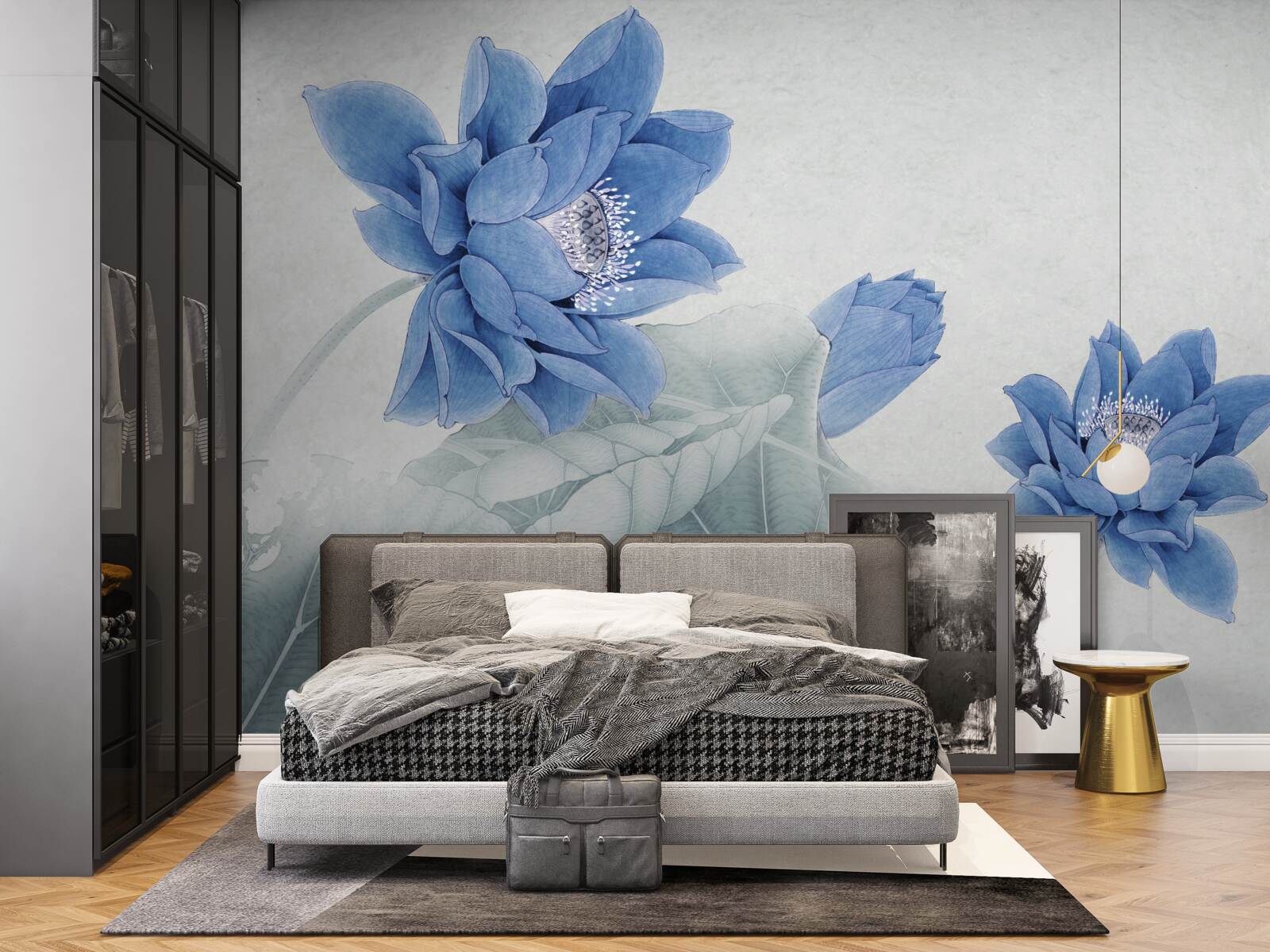 Fototapet lotusuri albastre înfloresc pe un fundal gri