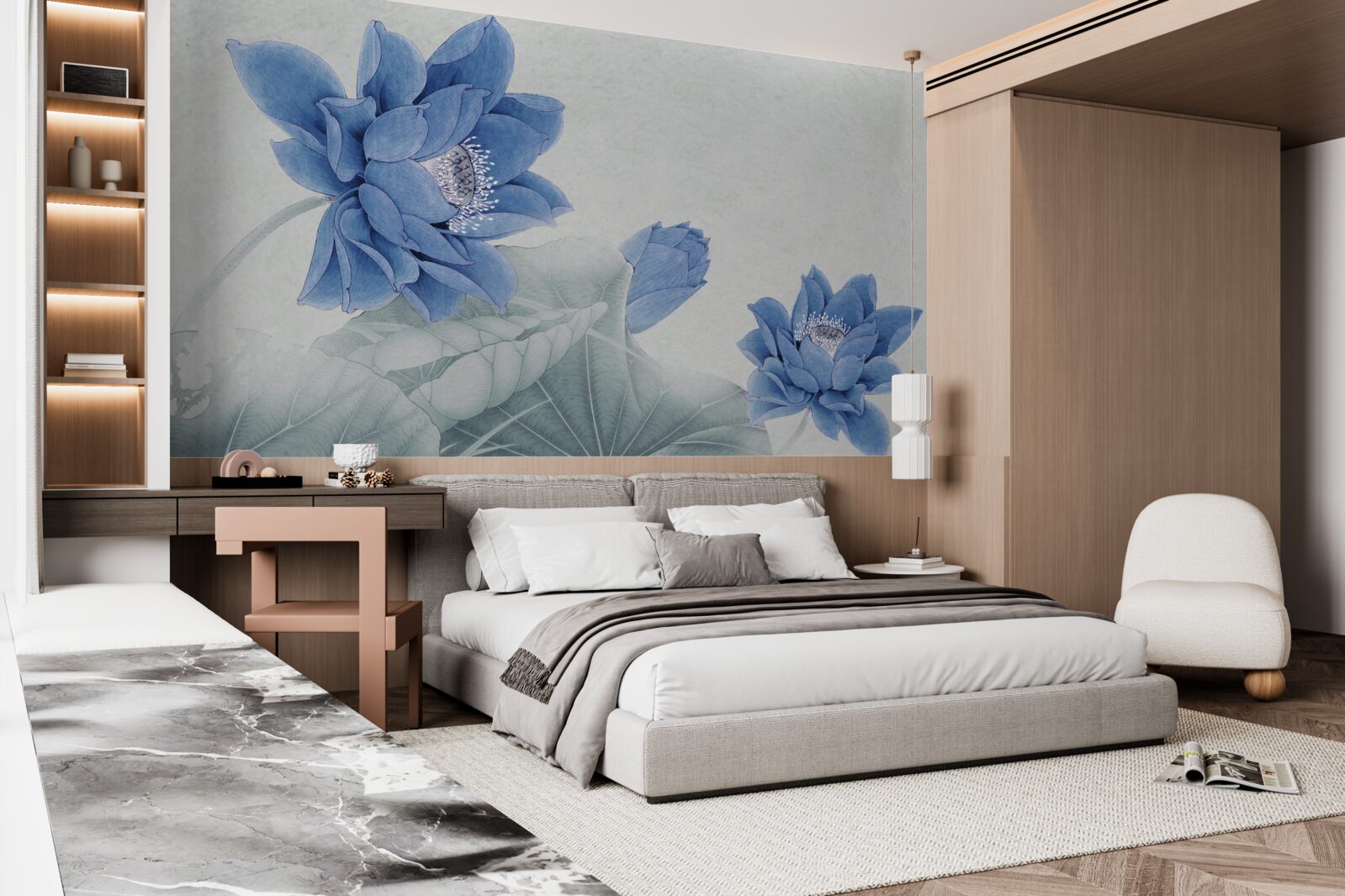 Fototapet lotusuri albastre înfloresc pe un fundal gri