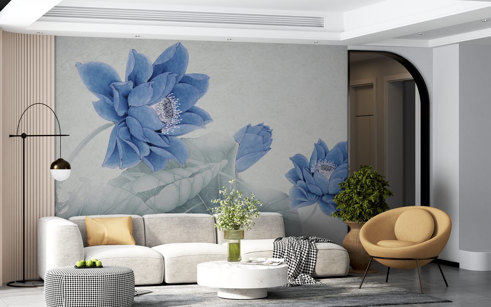 Fototapet lotusuri albastre înfloresc pe un fundal gri