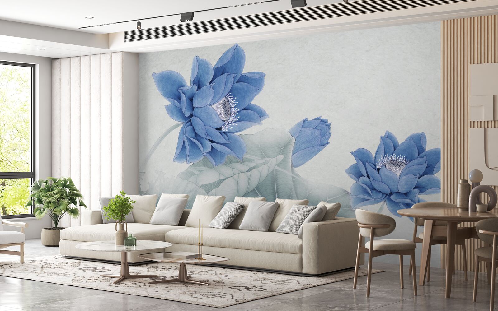 Fototapet lotusuri albastre înfloresc pe un fundal gri