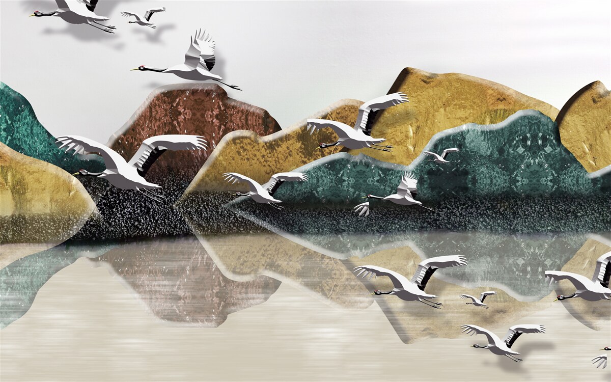 Fototapet lac calm în munți și păsări