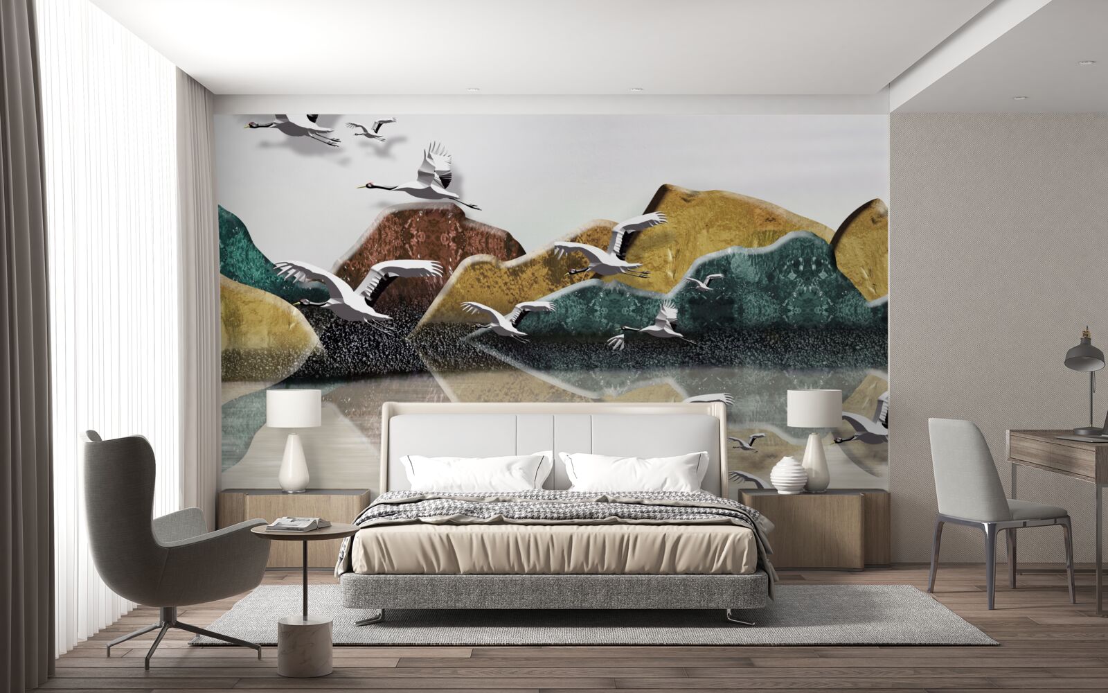 Fototapet lac calm în munți și păsări