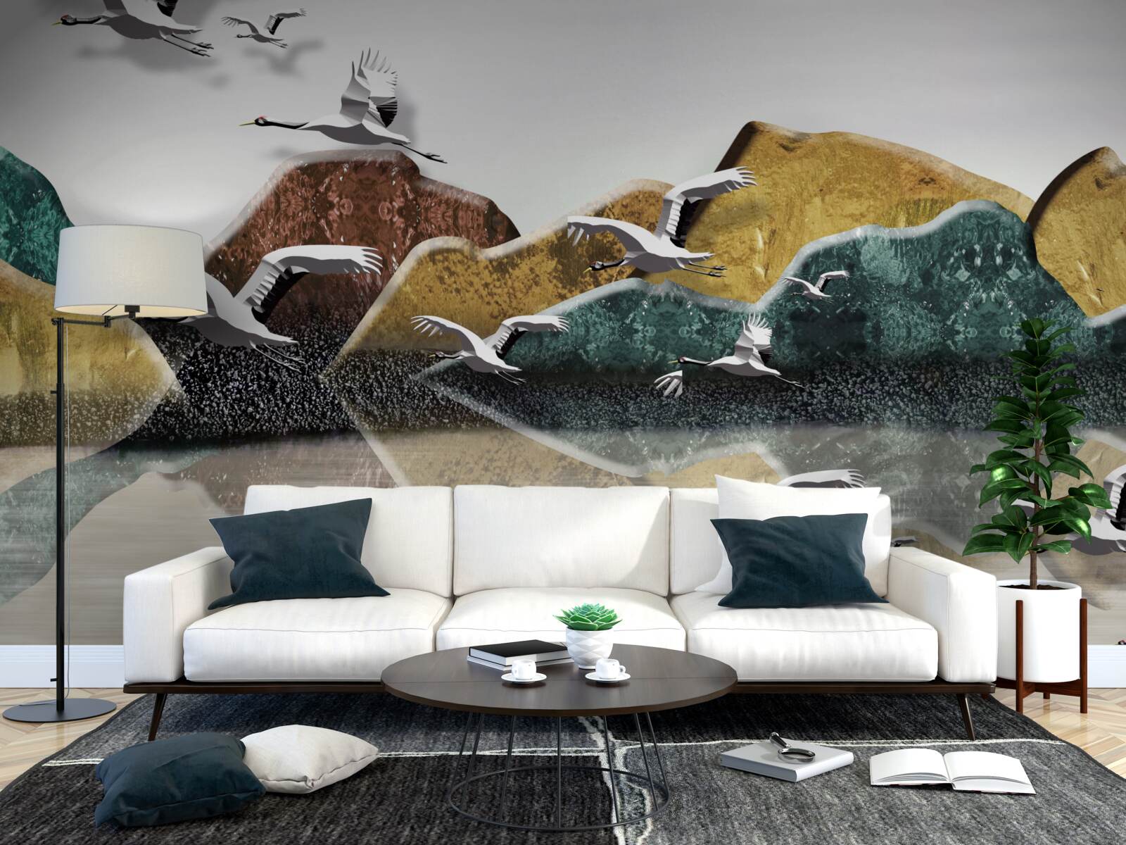 Fototapet lac calm în munți și păsări