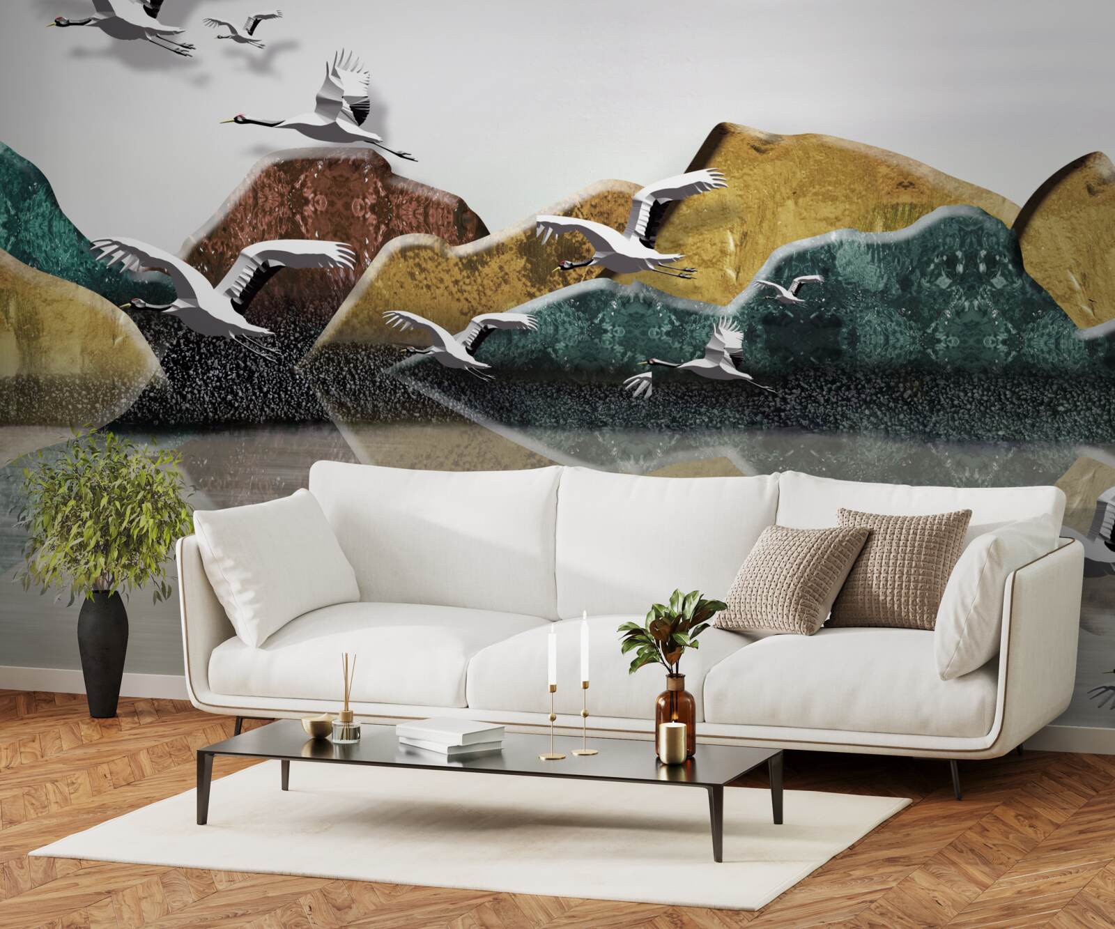 Fototapet lac calm în munți și păsări