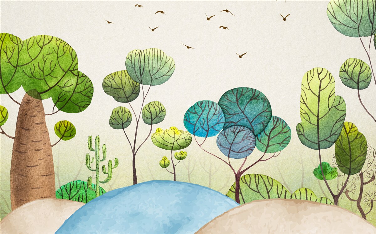 Fototapet o pădure populată de păsări fabuloase