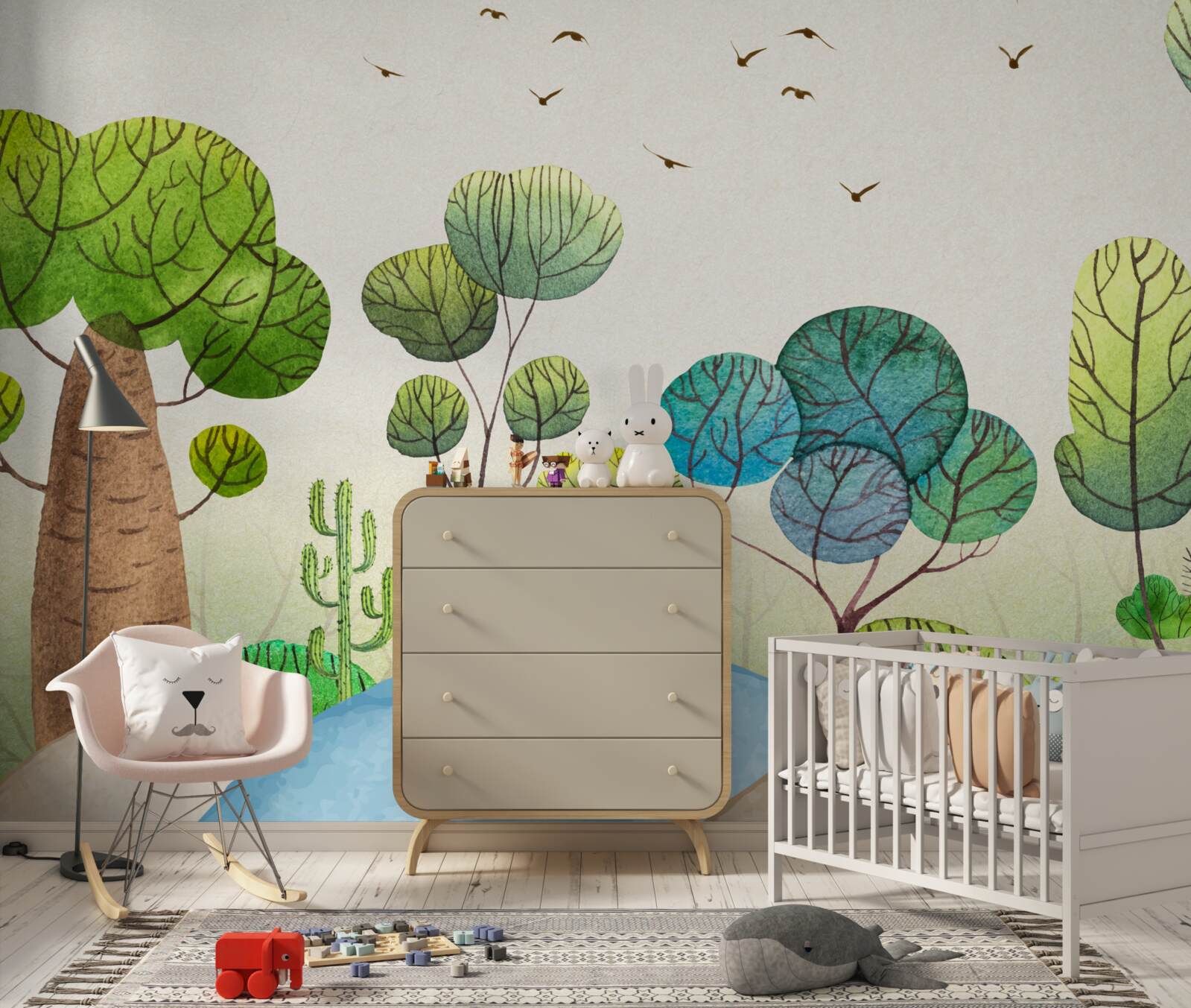 Fototapet o pădure populată de păsări fabuloase